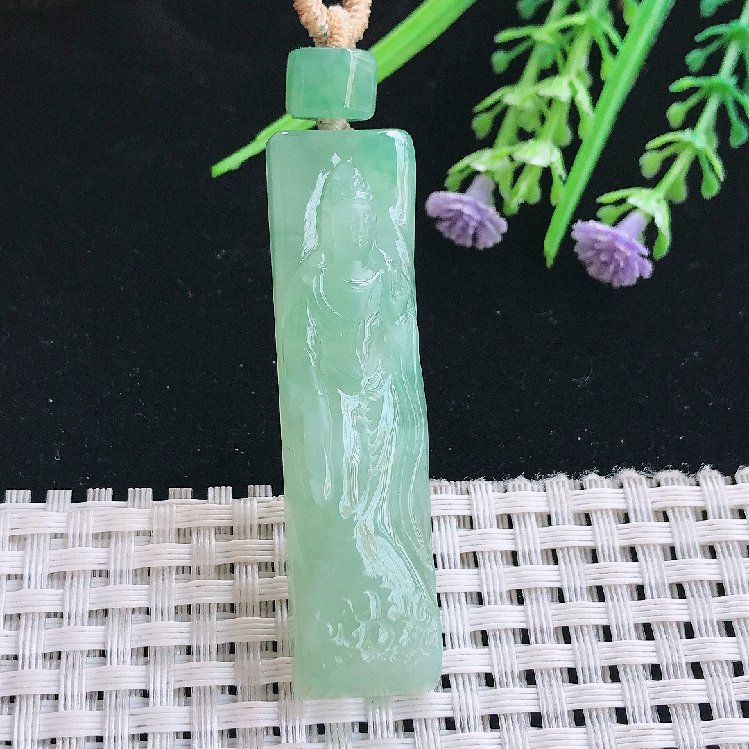 实拍A货翡翠55/14.2/8.2老坑冰胶水灵冰晴绿赐福观音吊坠翡翠挂件