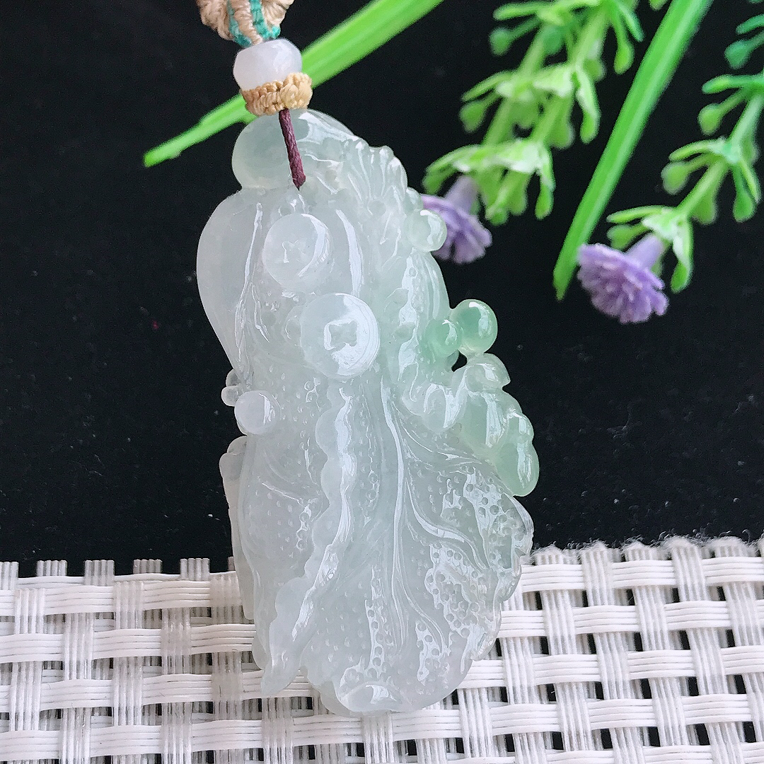 实拍A货翡翠50/25.6/9.6老坑冰胶水灵白菜吊坠翡翠百财挂件