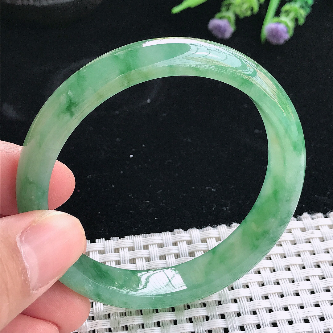 实拍天然翡翠56/12/7老坑冰胶果冻冰飘绿手镯翡翠玉镯手环