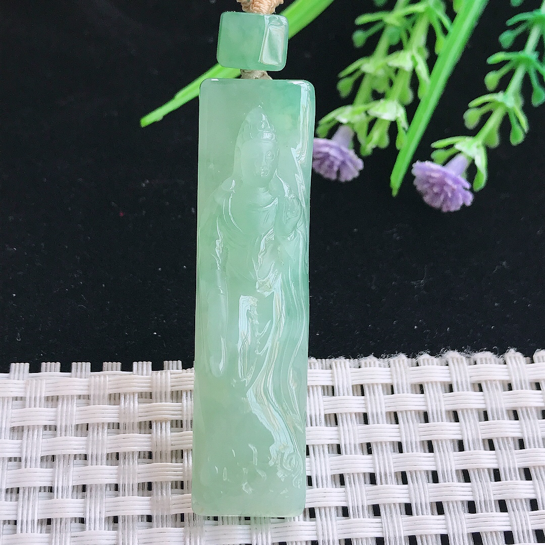 实拍A货翡翠55/14.2/8.2老坑冰胶水灵冰晴绿赐福观音吊坠翡翠挂件