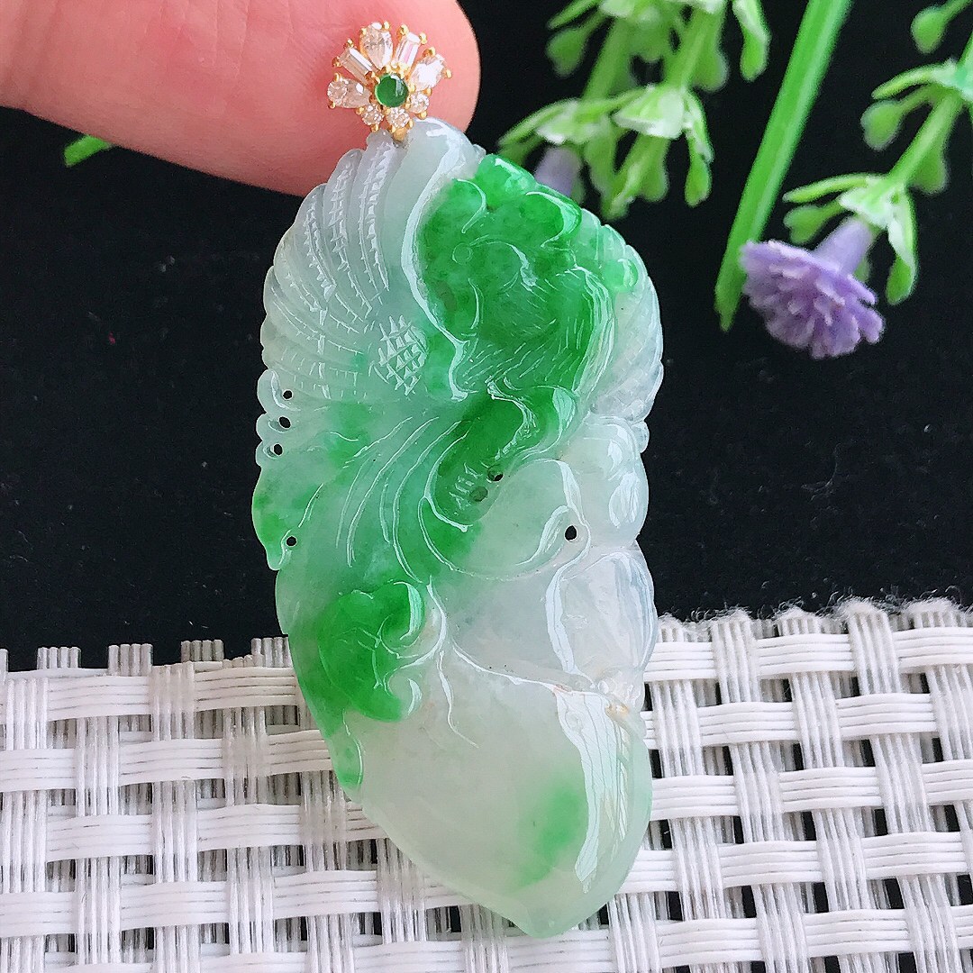 实拍A货翡翠45/22.8/3.6老坑18k金镶嵌飘阳绿凤凰吊坠翡翠挂件