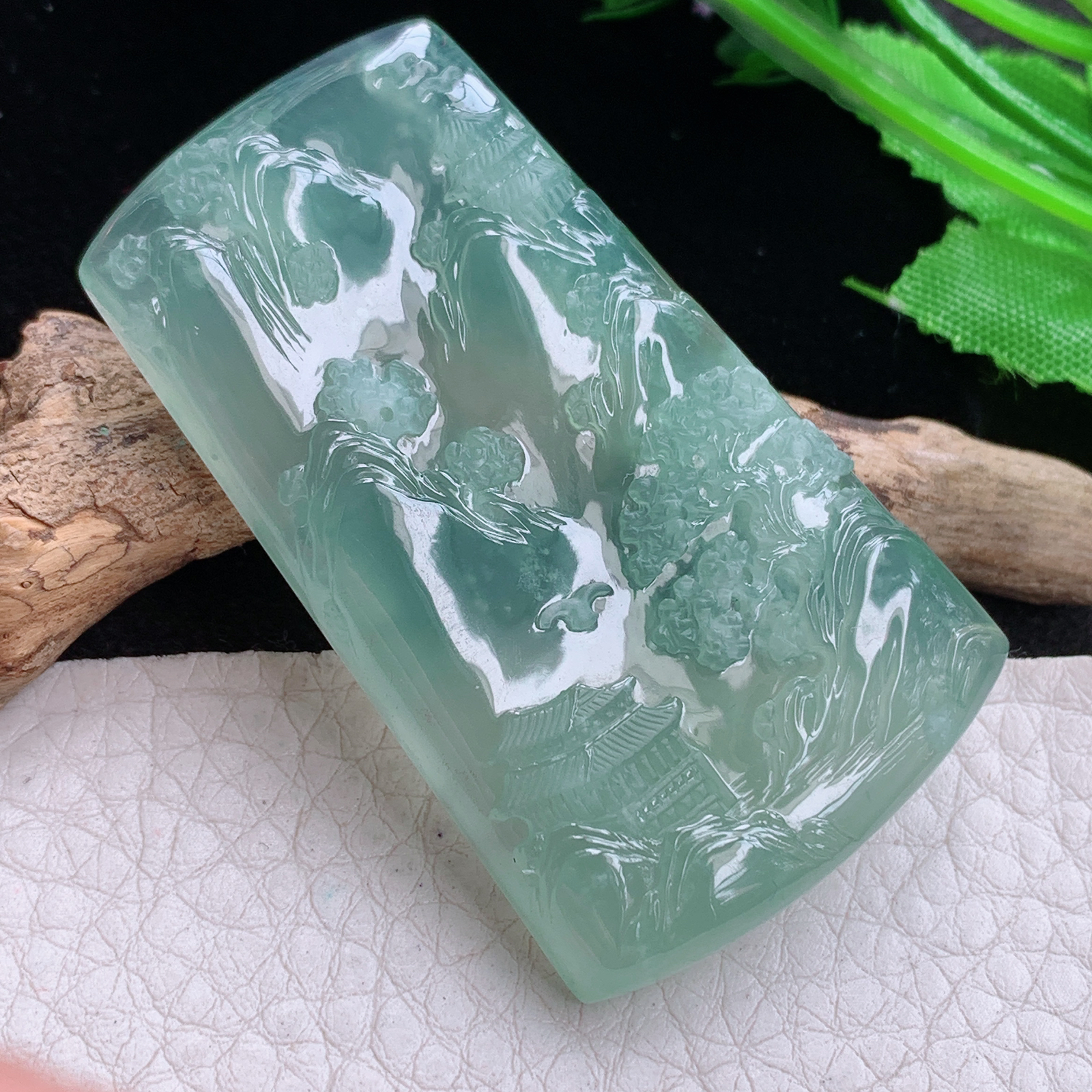 sx实拍54.6*32.8*6.7缅甸天然翡翠冰晴飘雪花绵山水 大好河山玉项坠 玉挂件