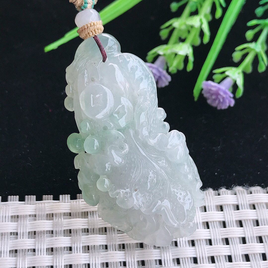 实拍A货翡翠50/25.6/9.6老坑冰胶水灵白菜吊坠翡翠百财挂件