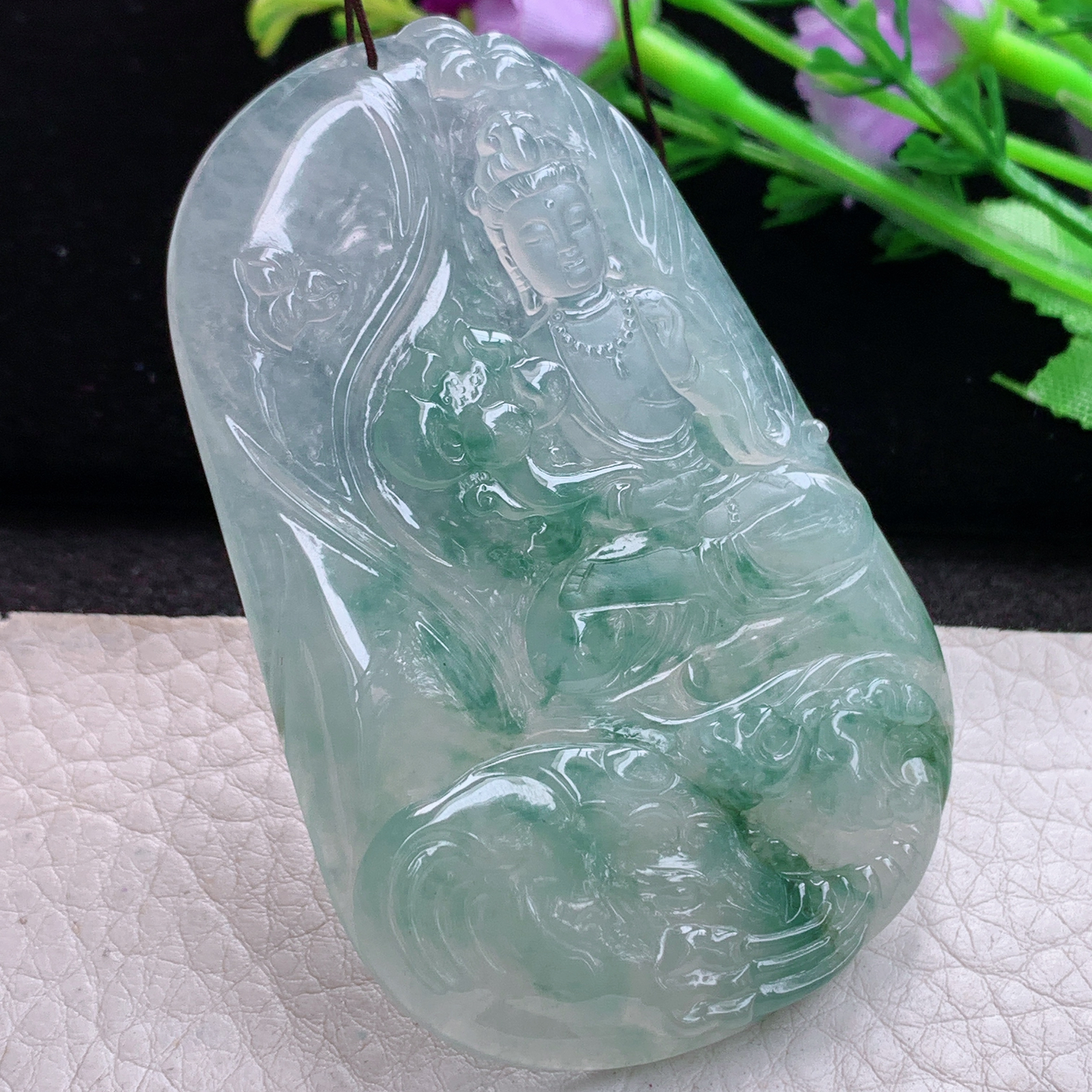 ktj实拍70.5*46.5*5.8缅甸天然翡翠冰飘花生肖守护神普贤菩萨玉项坠 玉挂件