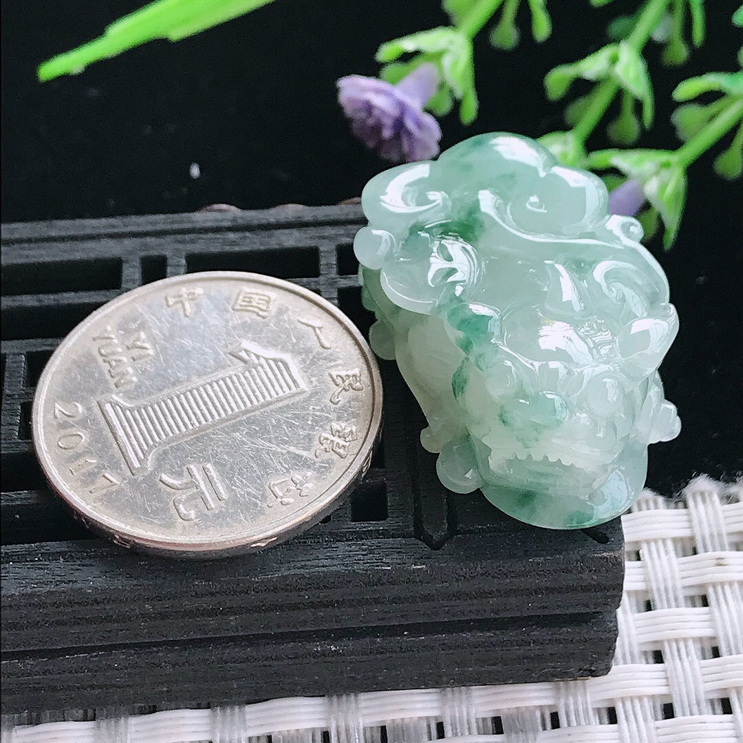 实拍A货翡翠30/18/12.3老坑冰胶水灵飘花貔貅吊坠翡翠挂件