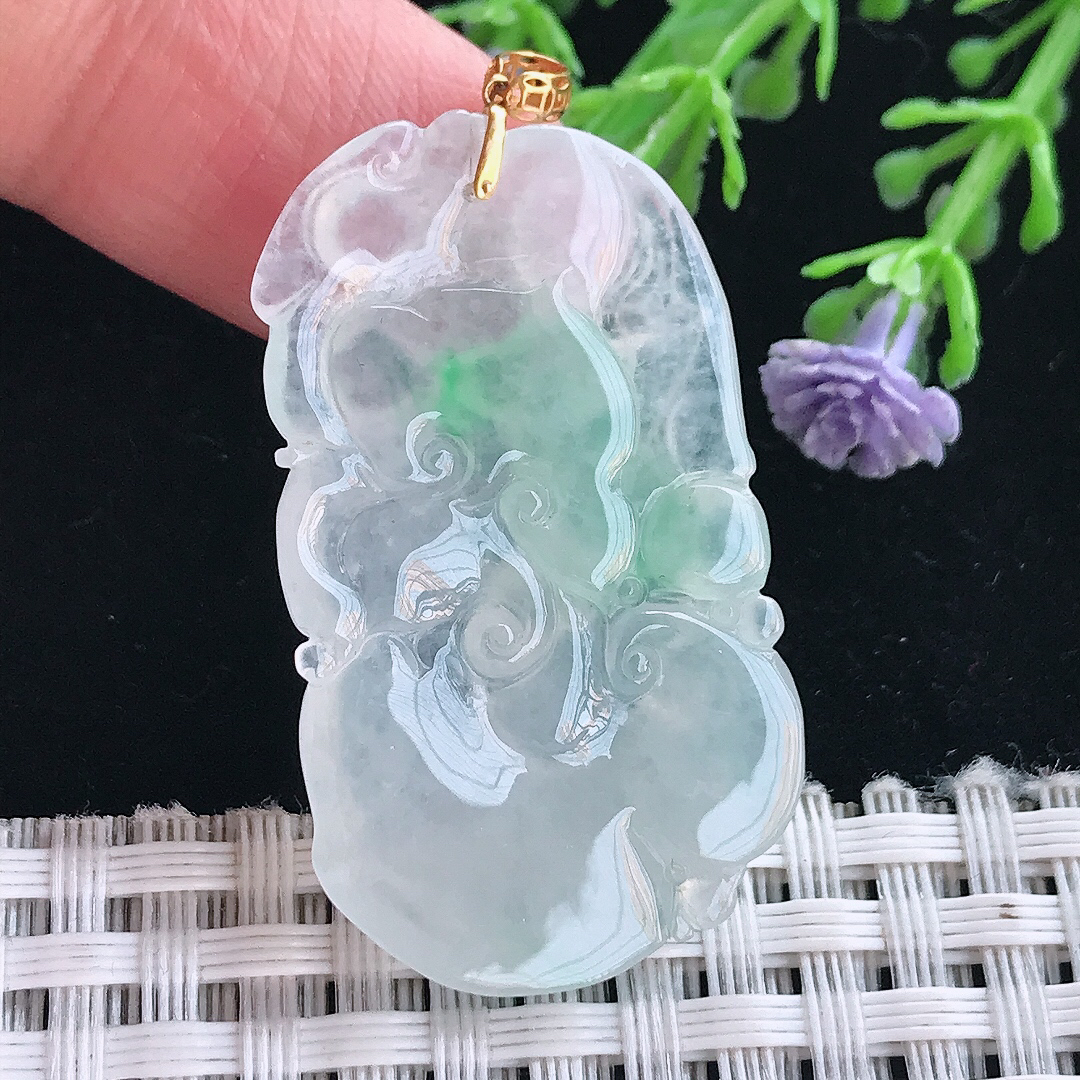 实拍A货翡翠38.3/22.2/5.6老坑18k金镶嵌冰种飘绿如意吊坠翡翠挂件