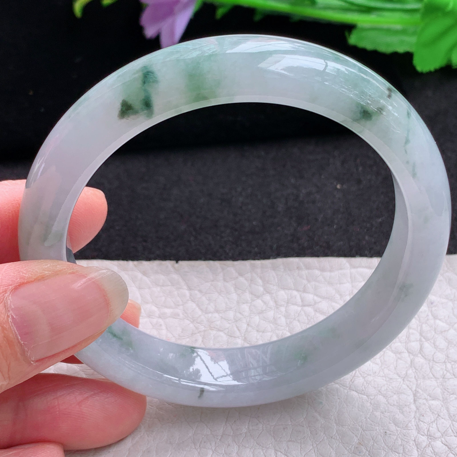 xx实拍58*12.7*8平安镯 天然缅甸翡翠A货玉手镯牛奶底冰飘花宽边玉手环