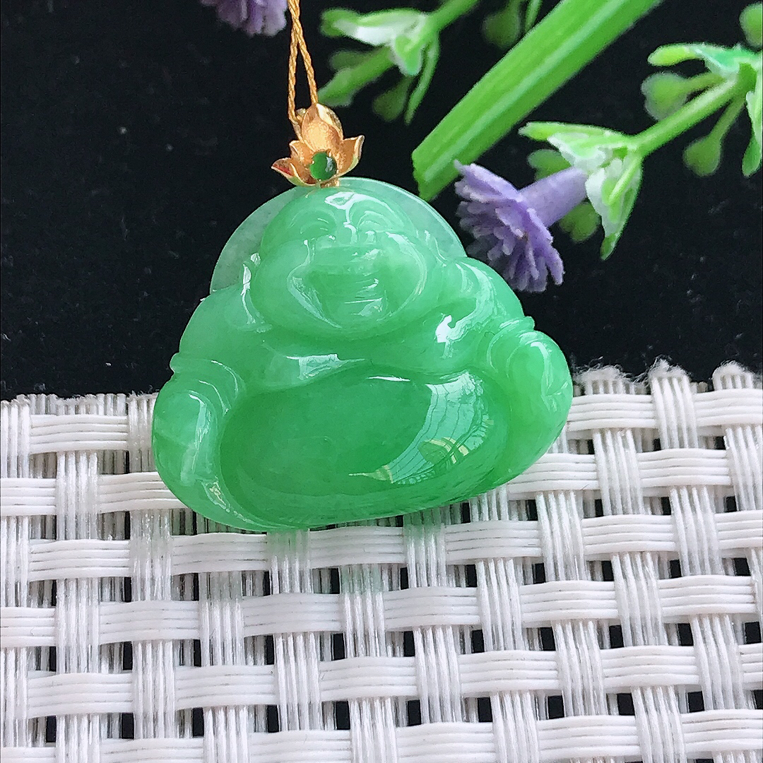 实拍A货翡翠20.8/25.5/6老坑18k金镶嵌满阳绿佛公吊坠翡翠挂件