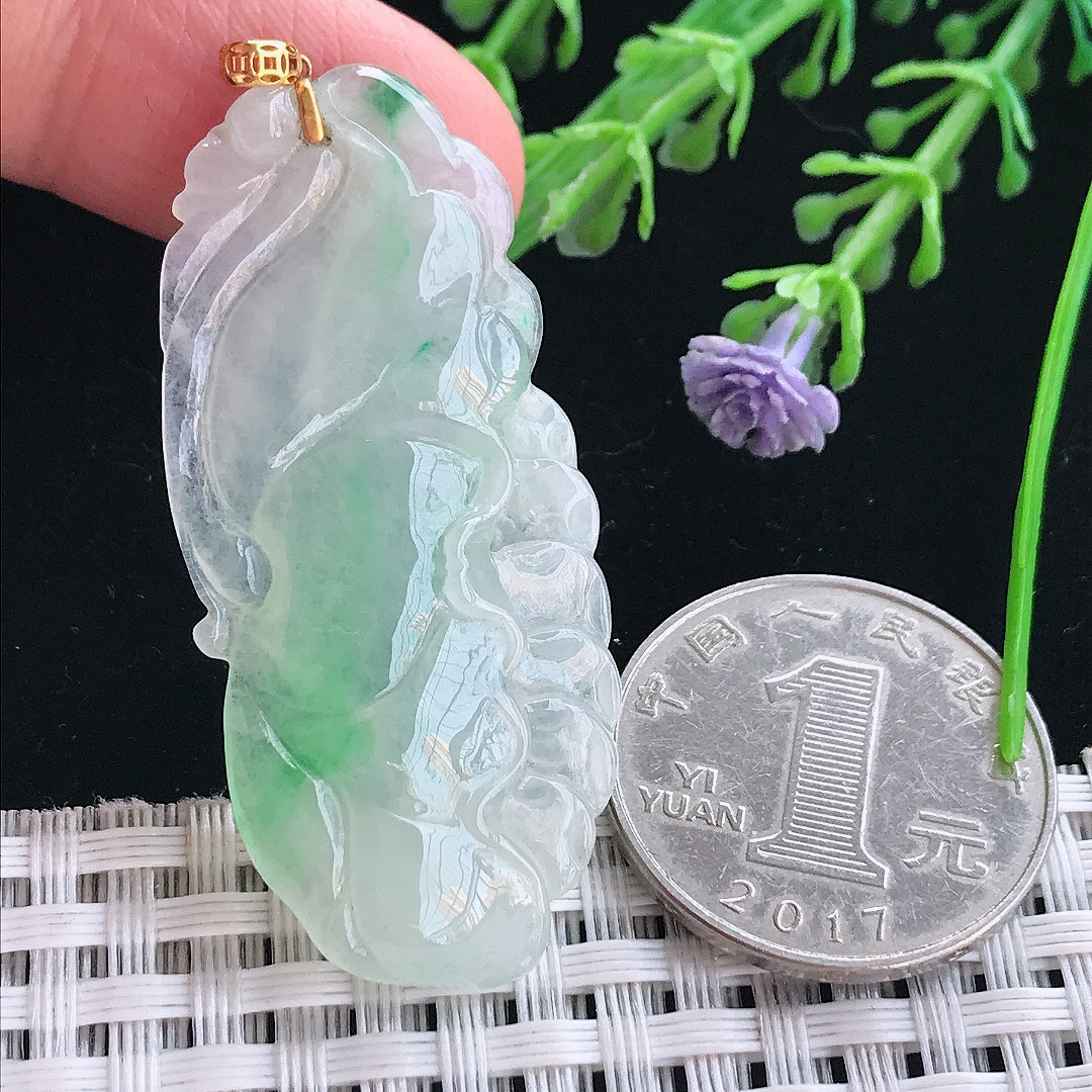 实拍A货翡翠48.8/22/5.5老坑18k金镶嵌冰胶飘绿和和美美荷叶吊坠翡翠挂件