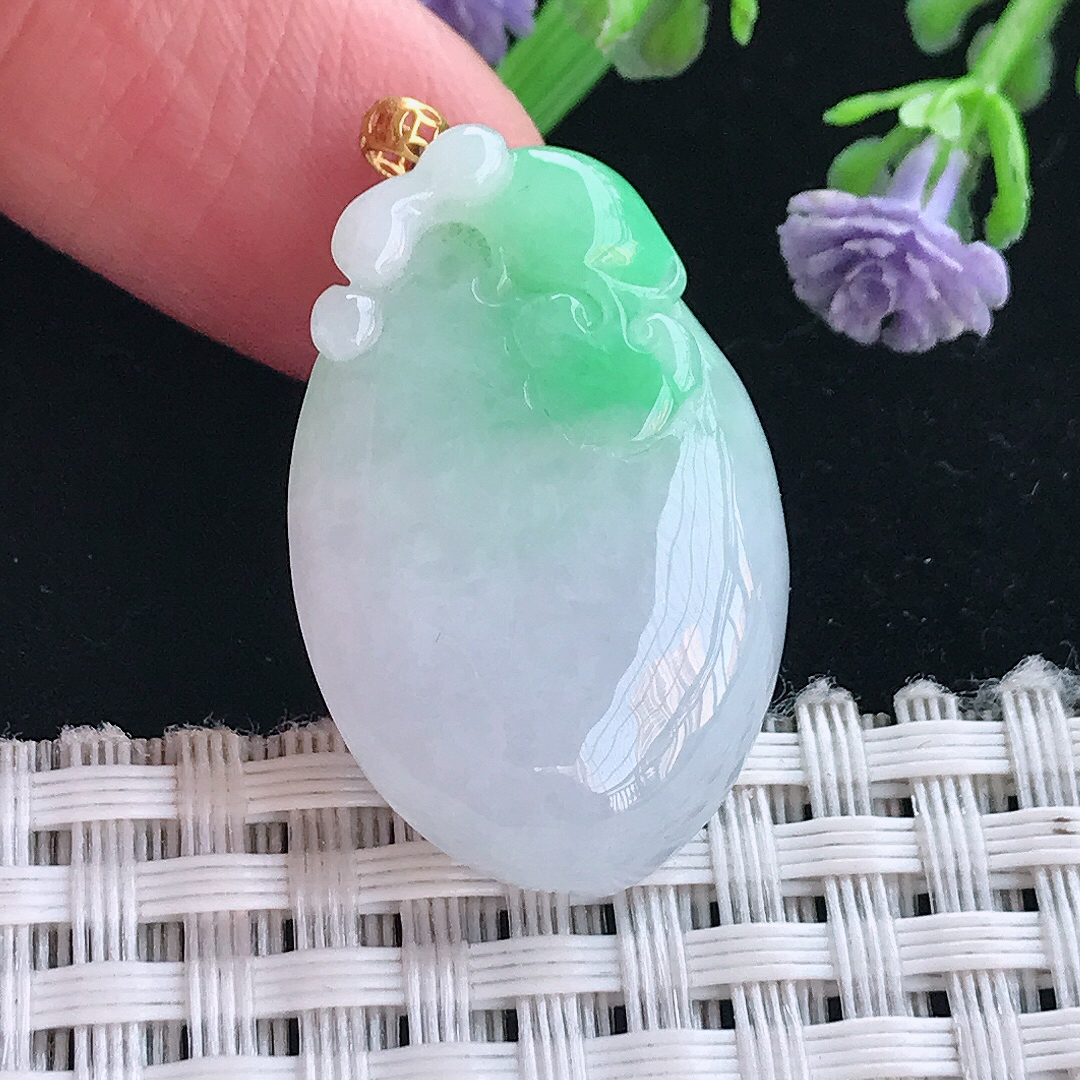 实拍A货翡翠28.8/19.8/8.5老坑18k金镶嵌冰润飘阳绿寿桃吊坠翡翠桃子