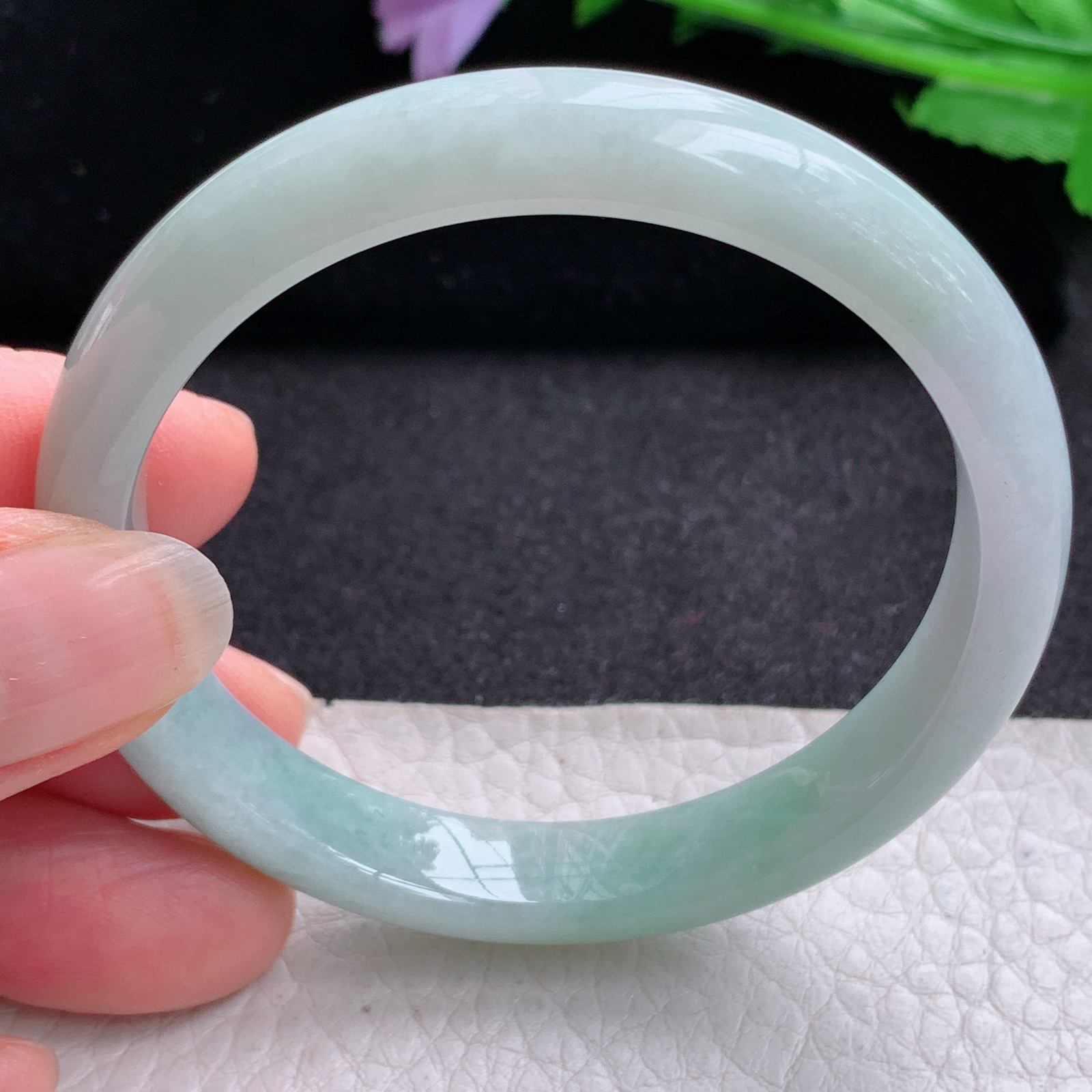 pp小圈口53*10*6.4平安镯 天然缅甸翡翠A货玉手镯秀气三彩宽边玉手环