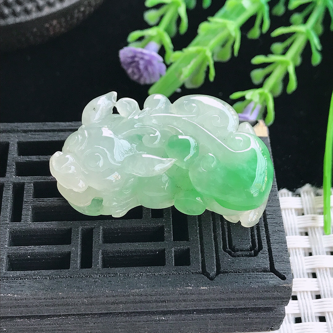 实拍A货翡翠35.5/18.2/13.5老坑冰胶飘阳绿貔貅吊坠翡翠挂件
