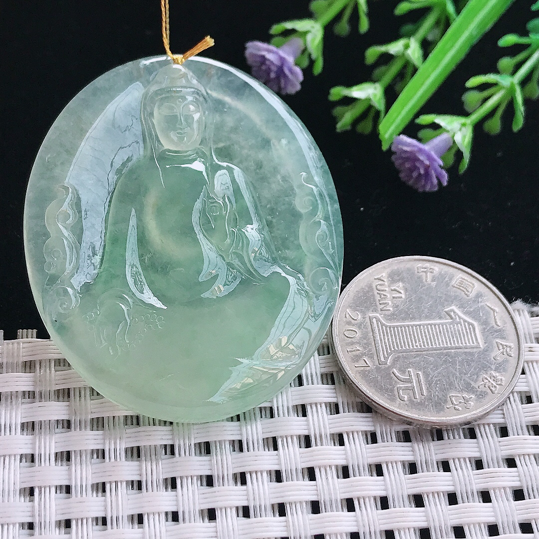 实拍A货翡翠47.5/40/6老坑冰种果冻胶冰晴绿赐福观音吊坠翡翠素衣观音挂件