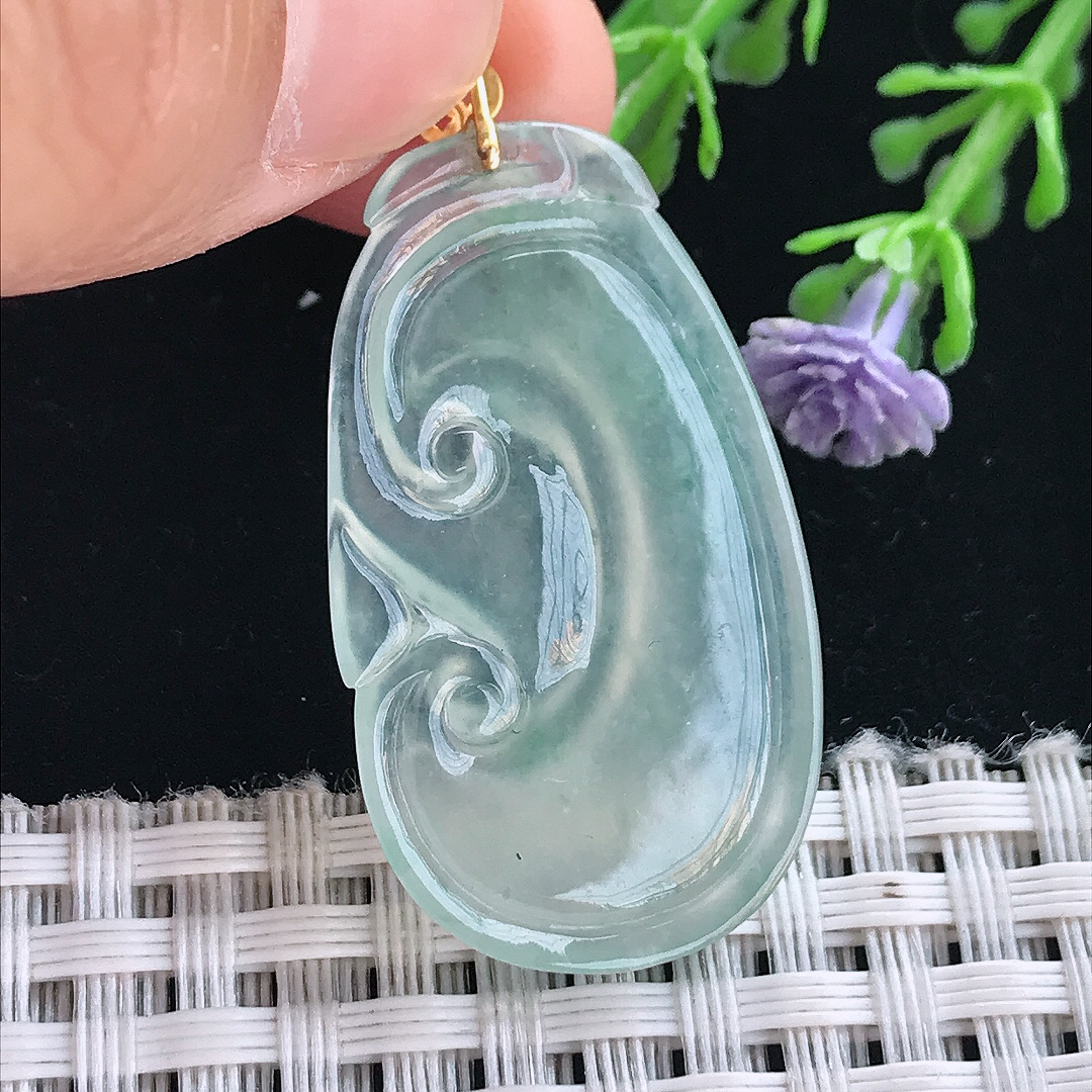 实拍A货翡翠35.3/20.7/4.5老坑18k金镶嵌冰种冰飘花如意吊坠翡翠挂件