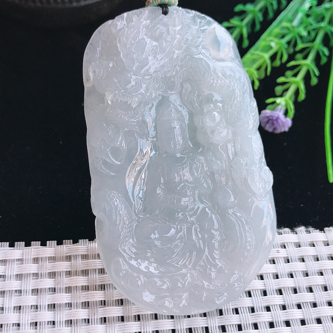 实拍A货翡翠75.5/46.8/11老坑冰胶水灵御龙观音吊坠翡翠挂件