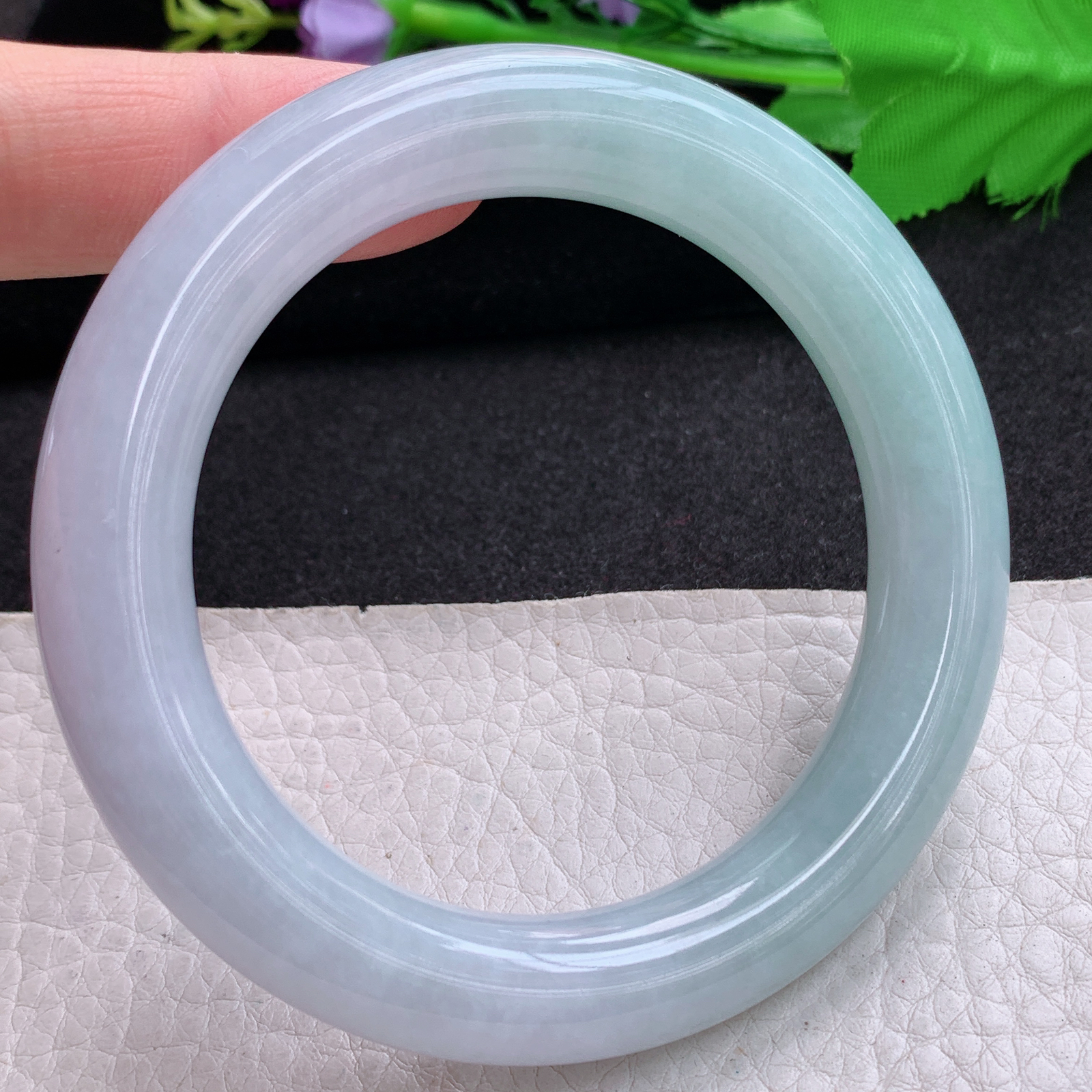 z实拍55*11.2招财镯 天然缅甸翡翠A货玉手镯半山水圆条玉手环