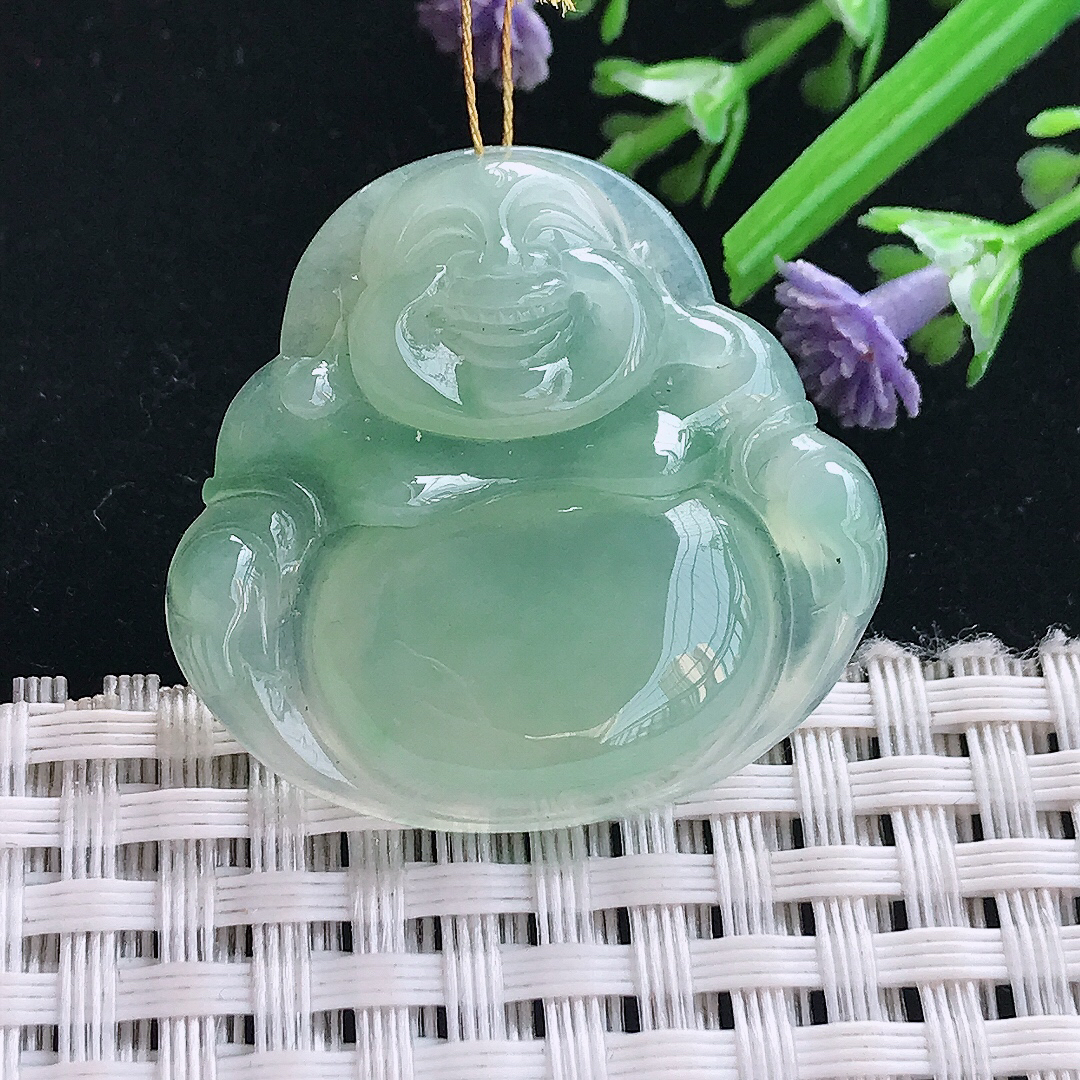 实拍A货翡翠31/32.8/5.5老坑冰润果冻胶冰晴绿佛公吊坠翡翠挂件