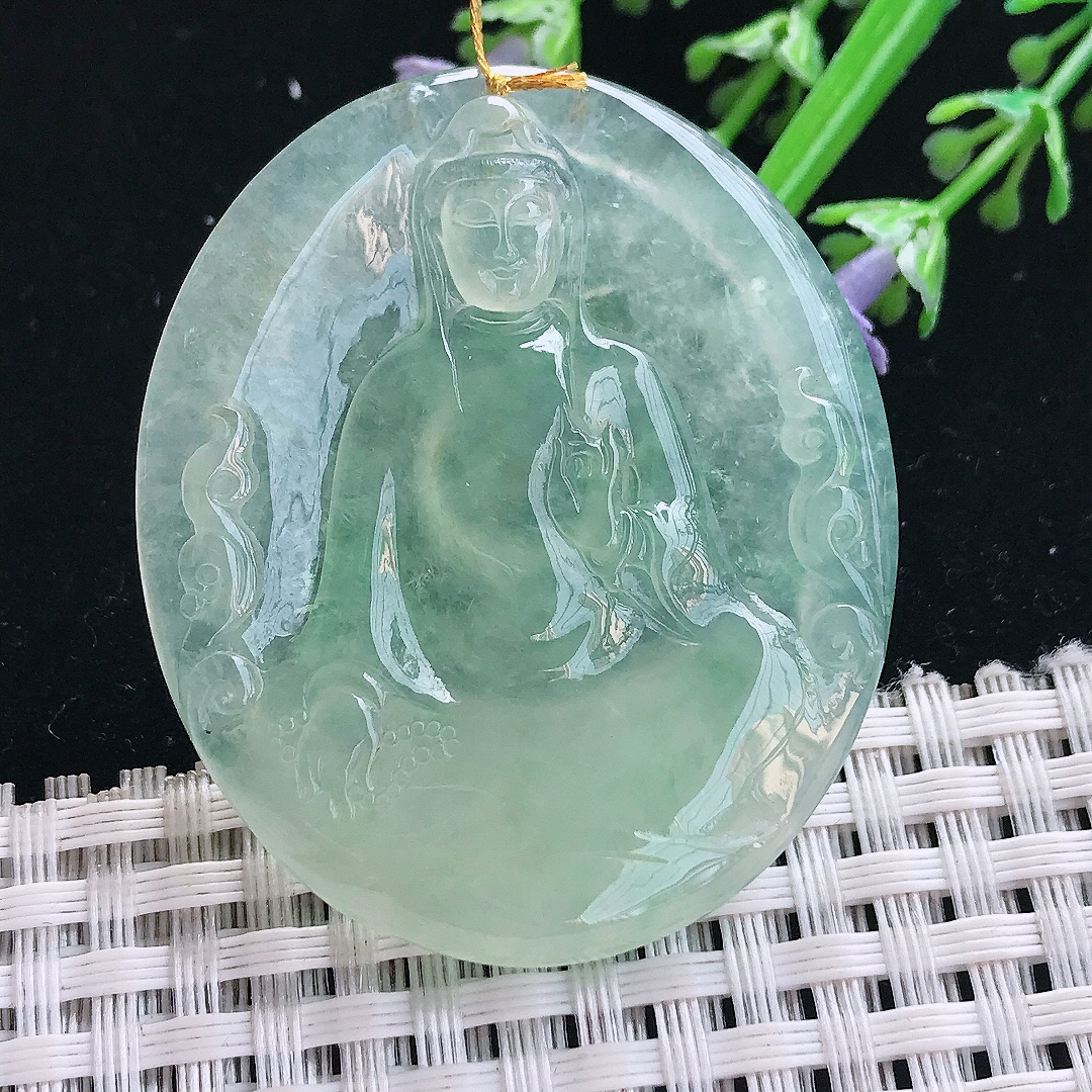 实拍A货翡翠47.5/40/6老坑冰种果冻胶冰晴绿赐福观音吊坠翡翠素衣观音挂件