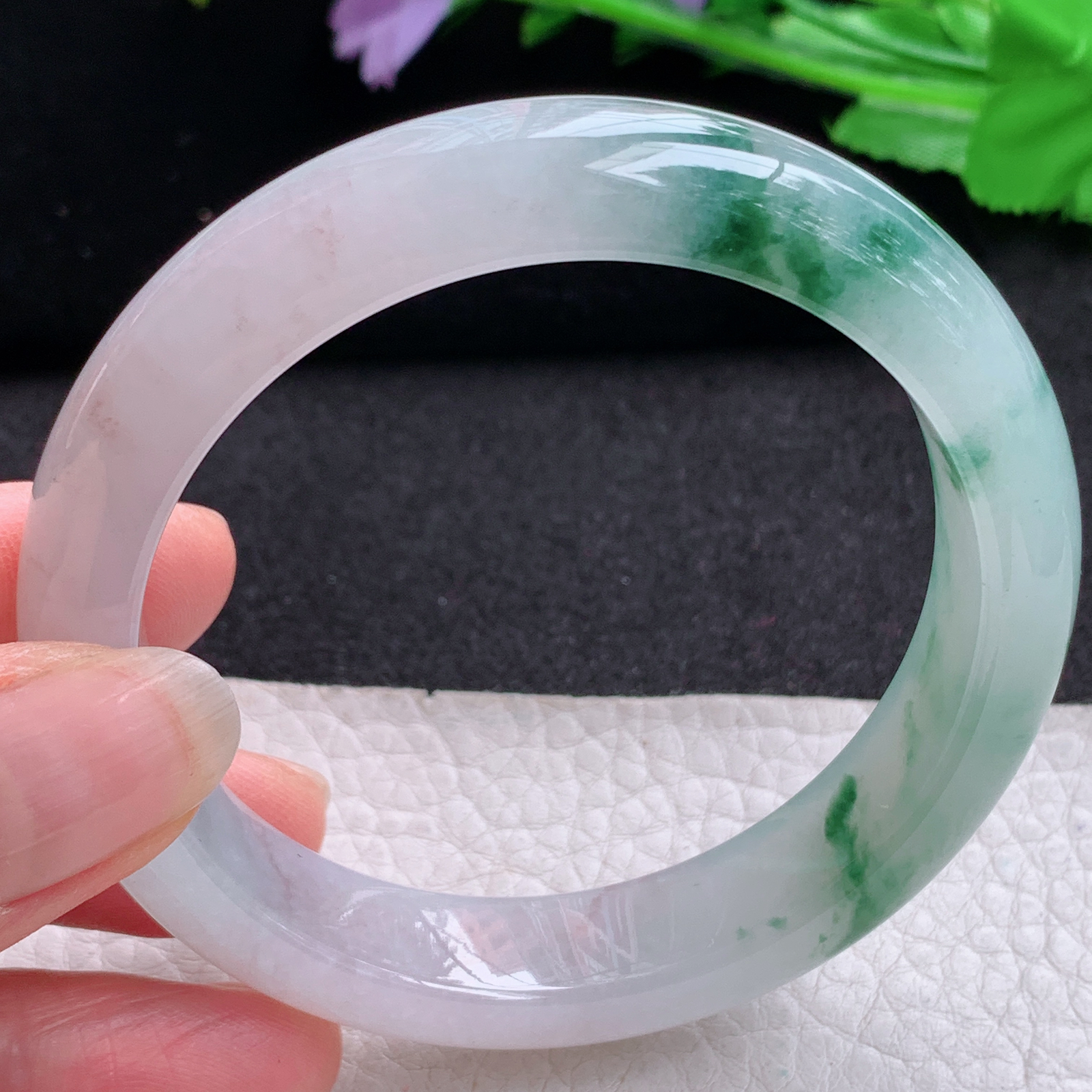 xo实拍56*12.5*8.3平安镯 天然缅甸翡翠A货玉手镯冰飘花宽边玉手环