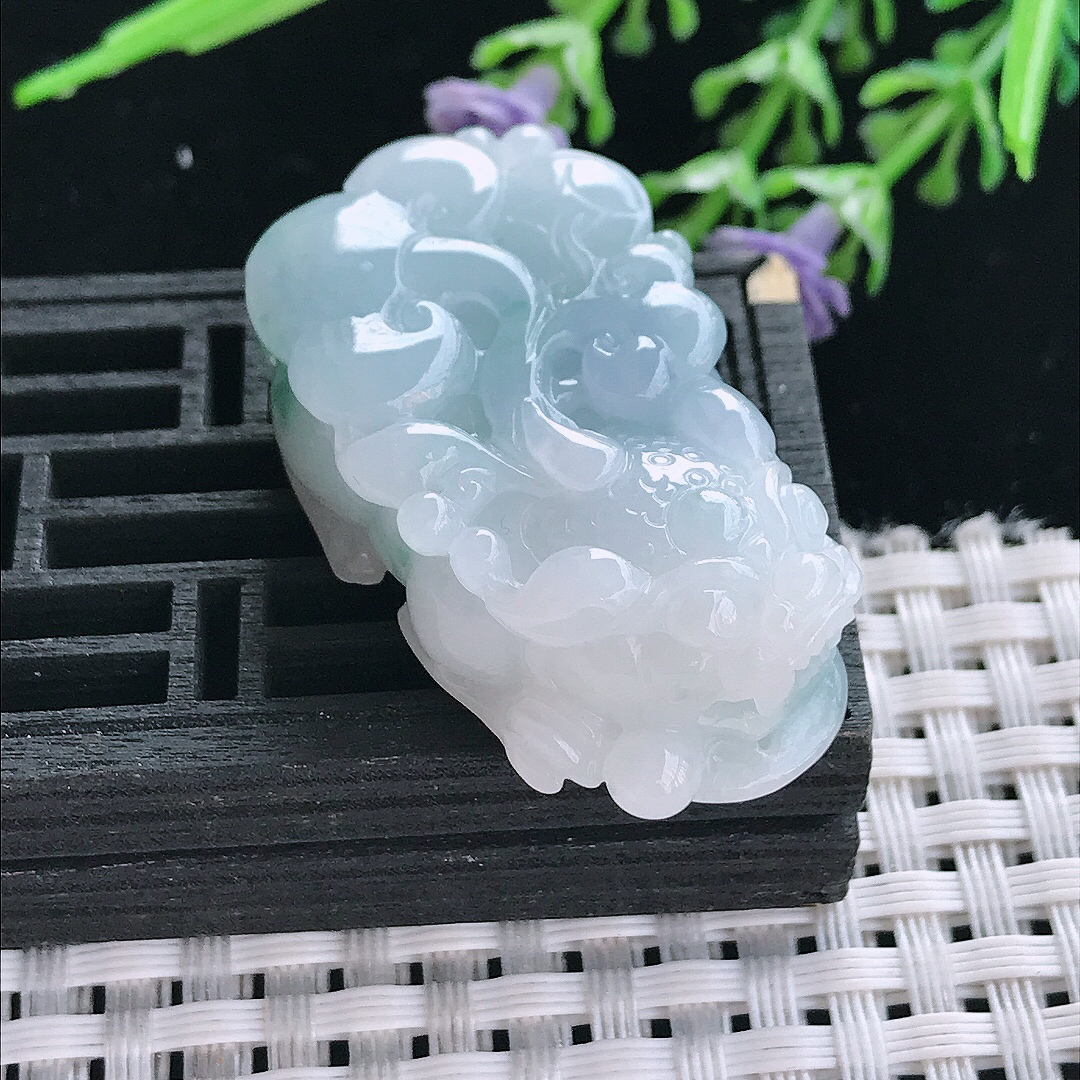 实拍A货翡翠39/22.2/12.8老坑冰润起胶紫罗兰貔貅吊坠翡翠挂件