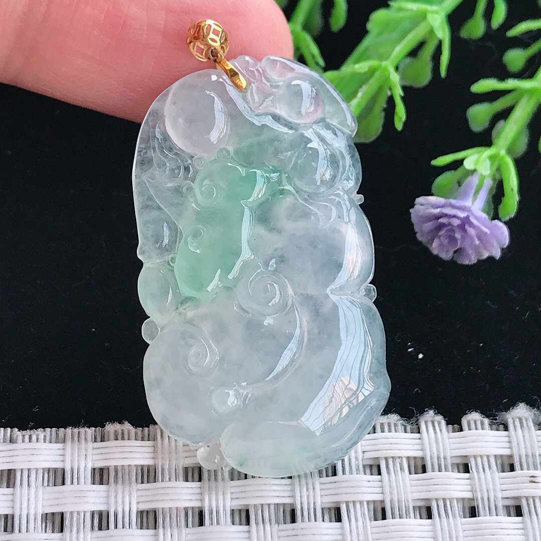 实拍A货翡翠38.3/22.2/5.6老坑18k金镶嵌冰种飘绿如意吊坠翡翠挂件