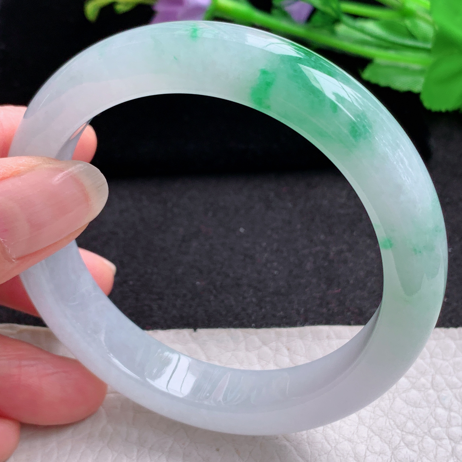 xo实拍58*12.5*8.8平安镯 天然缅甸翡翠A货玉手镯冰润白底青宽边玉手环