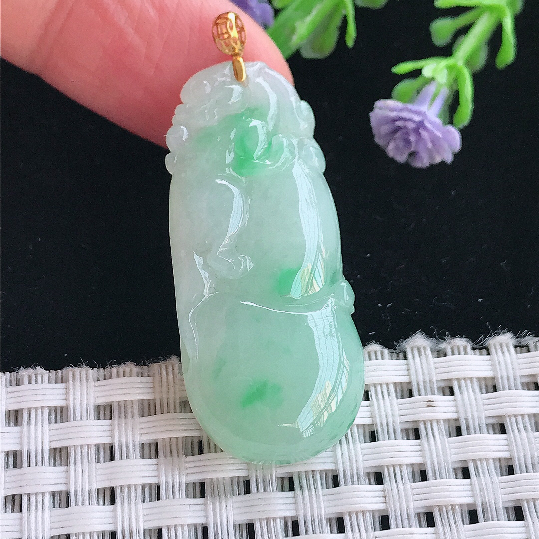 实拍A货翡翠38.5/17.2/5.9老坑18k金镶嵌冰润飘阳绿葫芦吊坠翡翠挂件