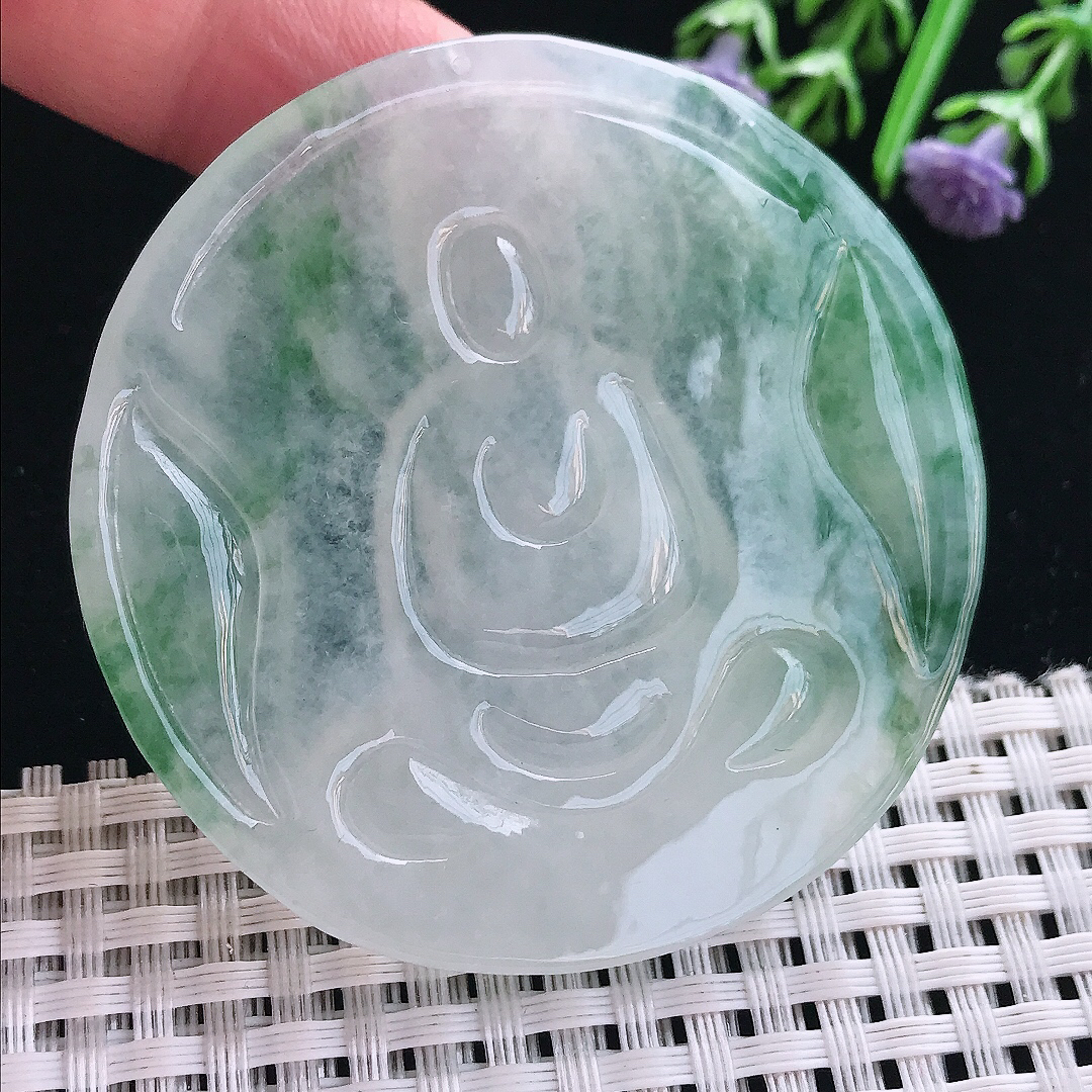 实拍A货翡翠56.3/7.6老坑冰胶果冻飘花素衣观音吊坠翡翠圆牌挂件