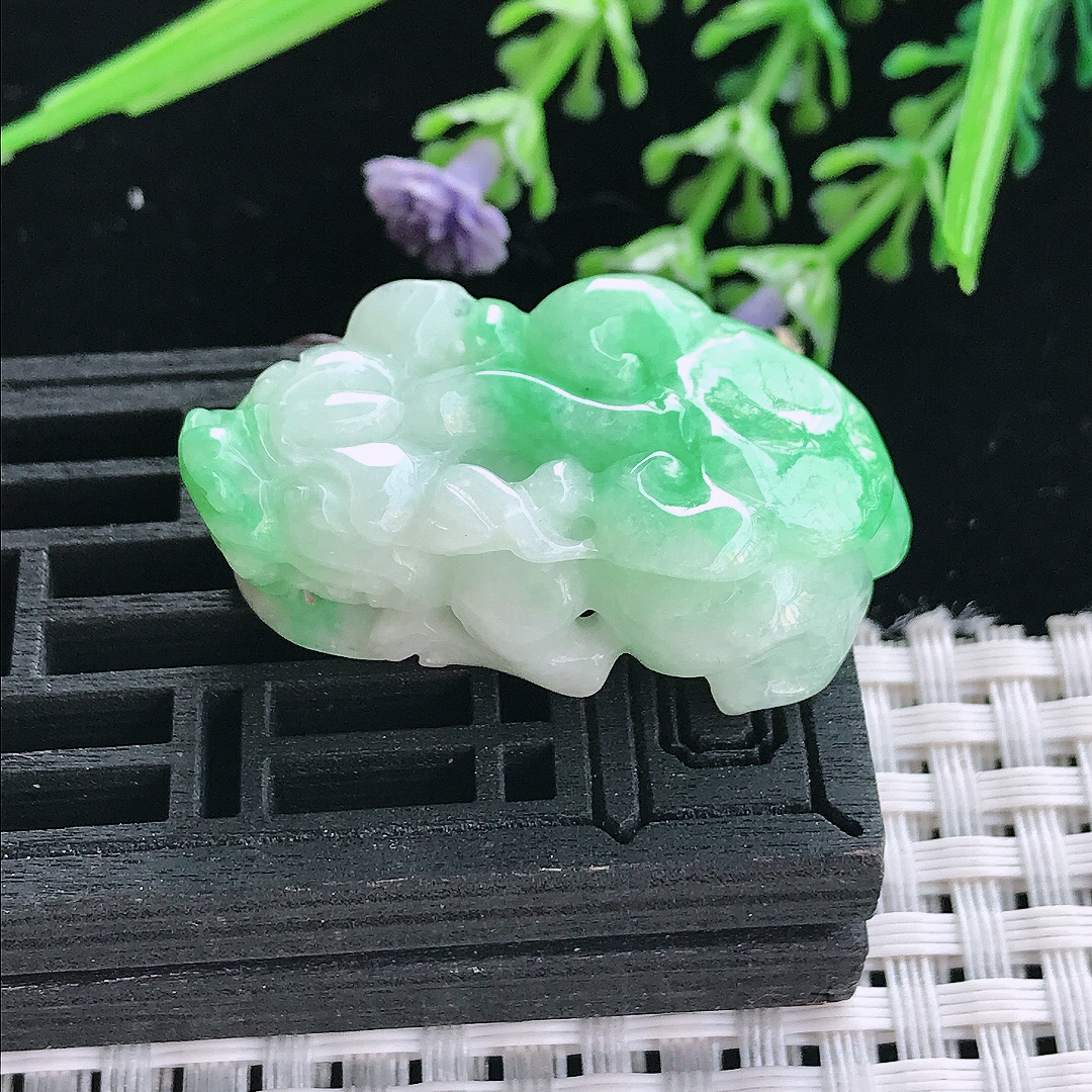 实拍A货翡翠37.2/21.7/12.5老坑温润飘绿貔貅吊坠翡翠挂件