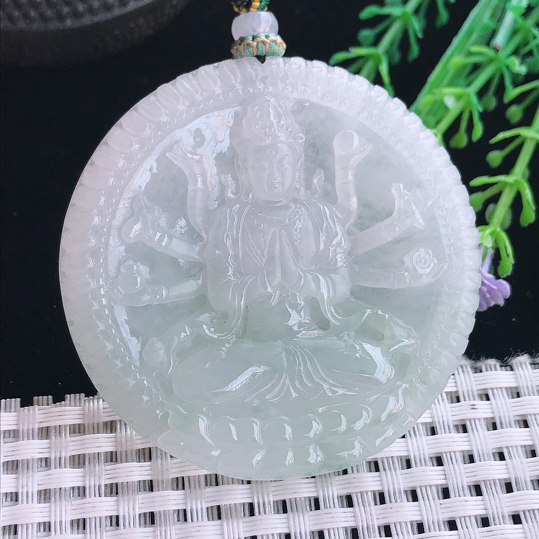 实拍A货翡翠53.5/6.8老坑冰润水灵千手观音吊坠翡翠挂件