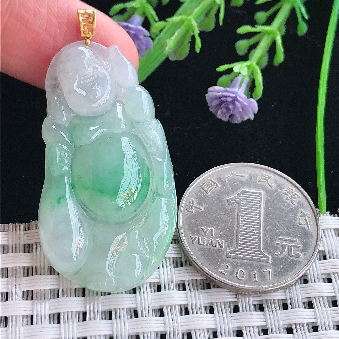 实拍A货翡翠42/23/5.5老坑18k金镶嵌飘绿布袋佛吊坠翡翠玉佛挂件