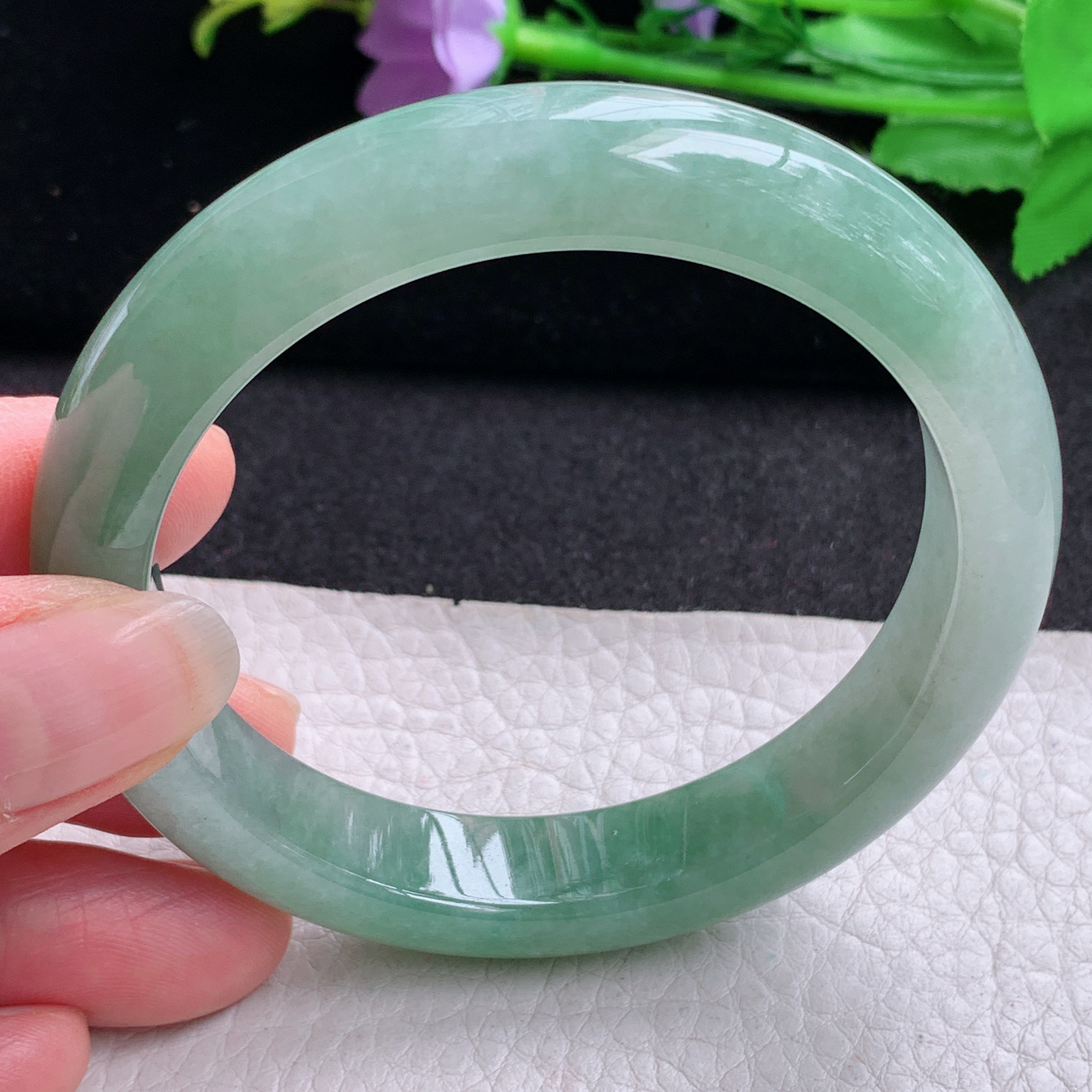 hh实拍58*12*8.7平安镯 天然缅甸翡翠A货玉手镯胶感清新宽边玉手环