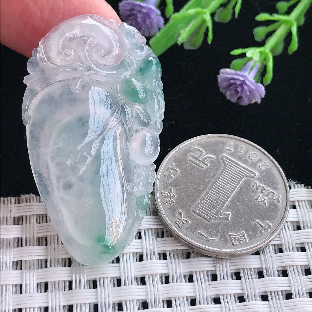 实拍A货翡翠43.3/24.6/5.8老坑冰种冰飘花福瓜吊坠翡翠挂件