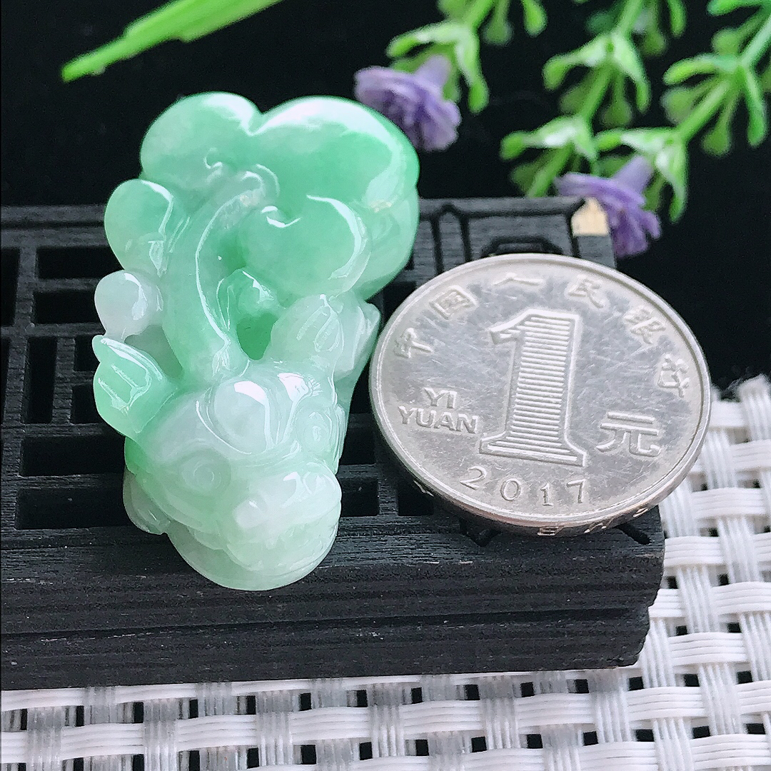 实拍A货翡翠39/21/12.6老坑精美温润苹果绿貔貅吊坠翡翠挂件