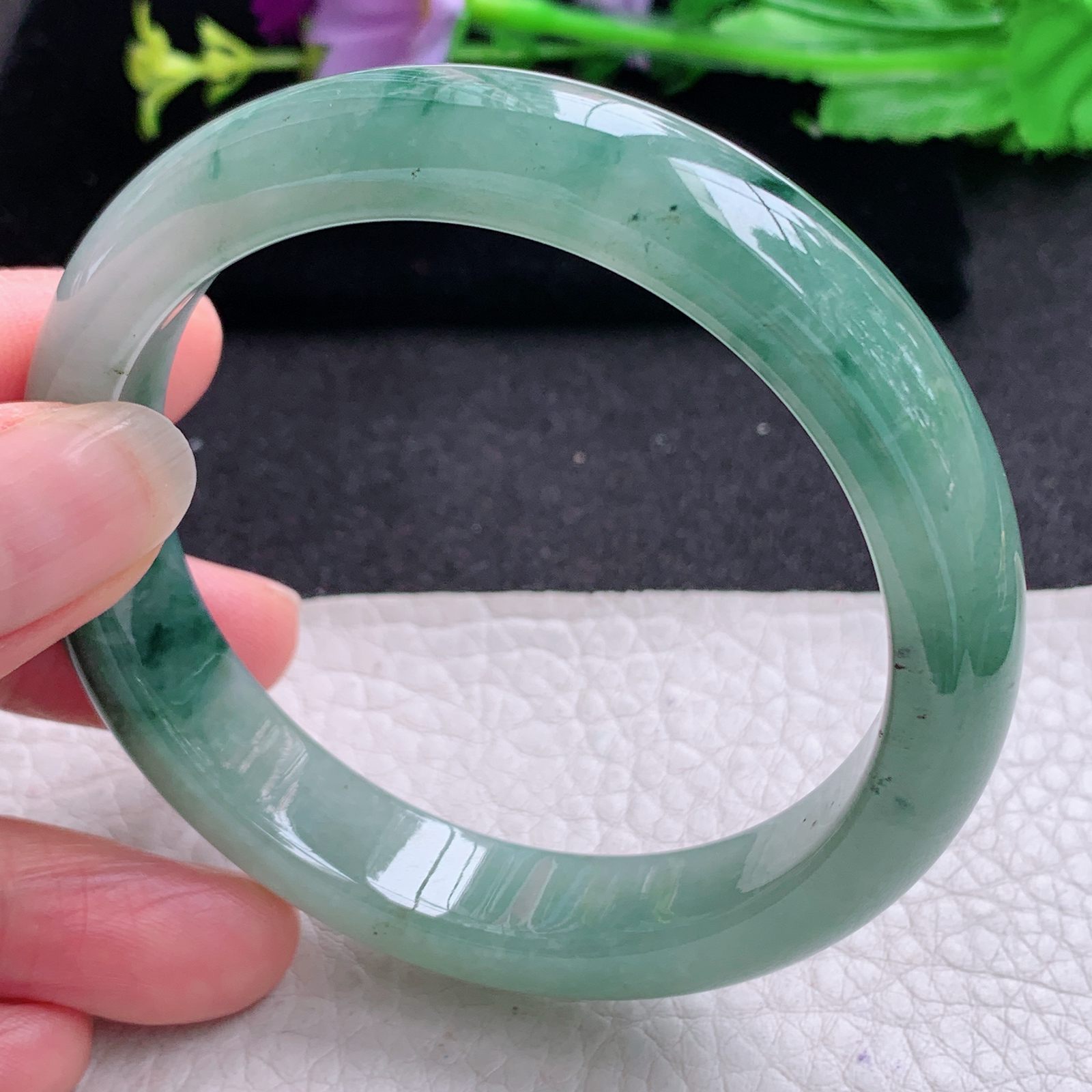 ss实拍57*12*8平安镯 天然缅甸翡翠A货玉手镯胶感飘花宽边玉手环
