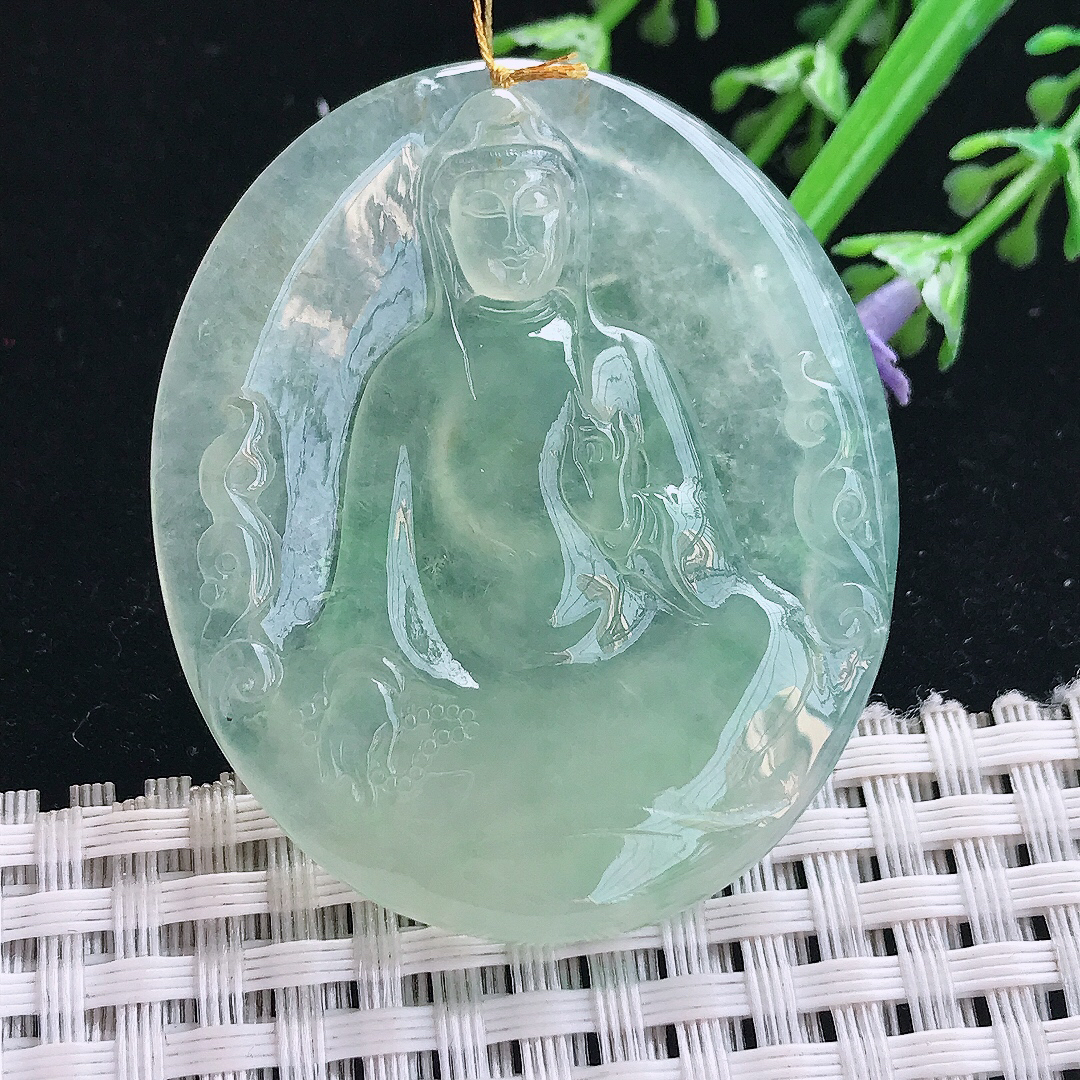 实拍A货翡翠47.5/40/6老坑冰种果冻胶冰晴绿赐福观音吊坠翡翠素衣观音挂件