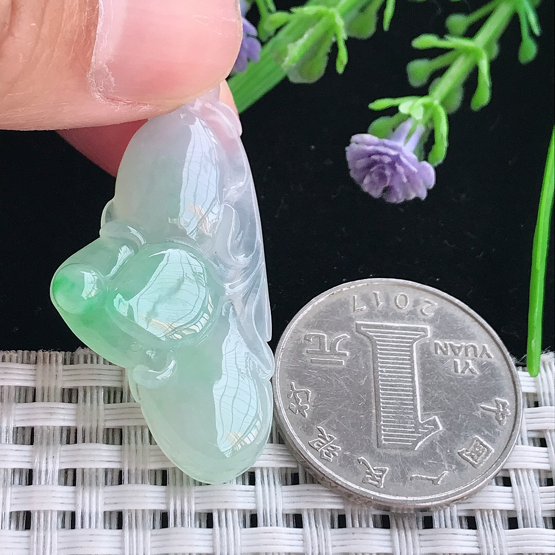 实拍A货翡翠40.3/20.3/6.2老坑冰胶果冻飘绿玉兰花吊坠翡翠挂件