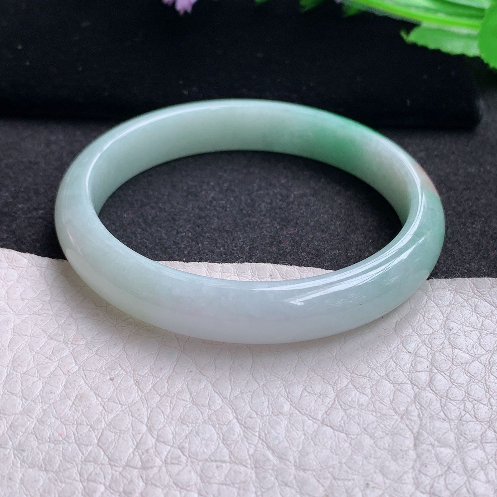 pp小圈口53*10*6.4平安镯 天然缅甸翡翠A货玉手镯秀气三彩宽边玉手环