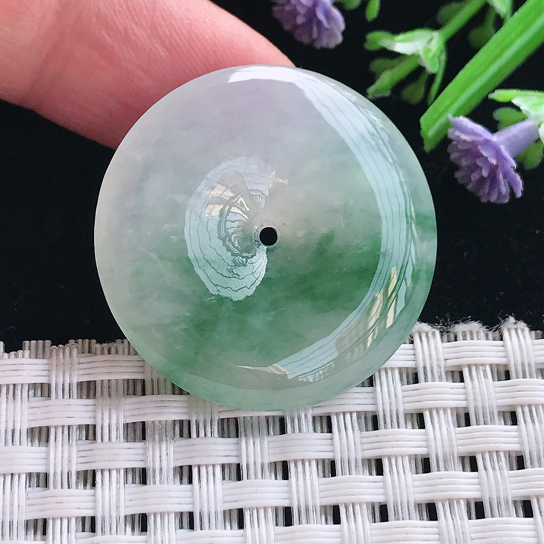 实拍A货翡翠30.6/5.8.老坑冰胶飘花平安扣吊坠翡翠玉扣挂件