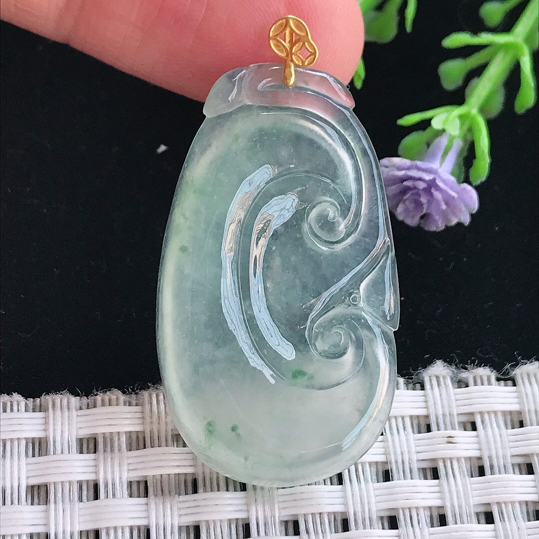 实拍A货翡翠35.3/20.7/4.5老坑18k金镶嵌冰种冰飘花如意吊坠翡翠挂件