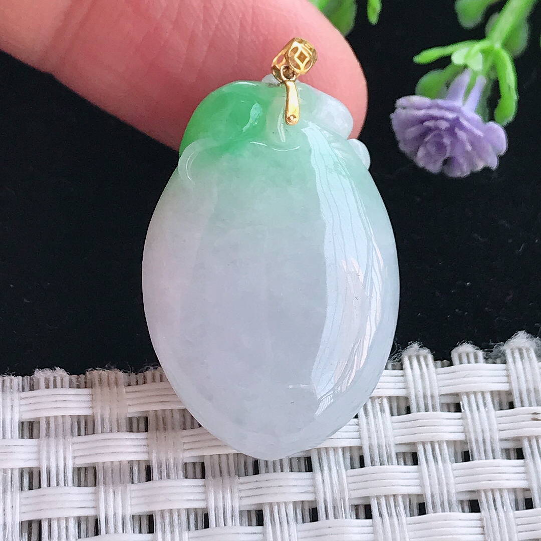 实拍A货翡翠28.8/19.8/8.5老坑18k金镶嵌冰润飘阳绿寿桃吊坠翡翠桃子