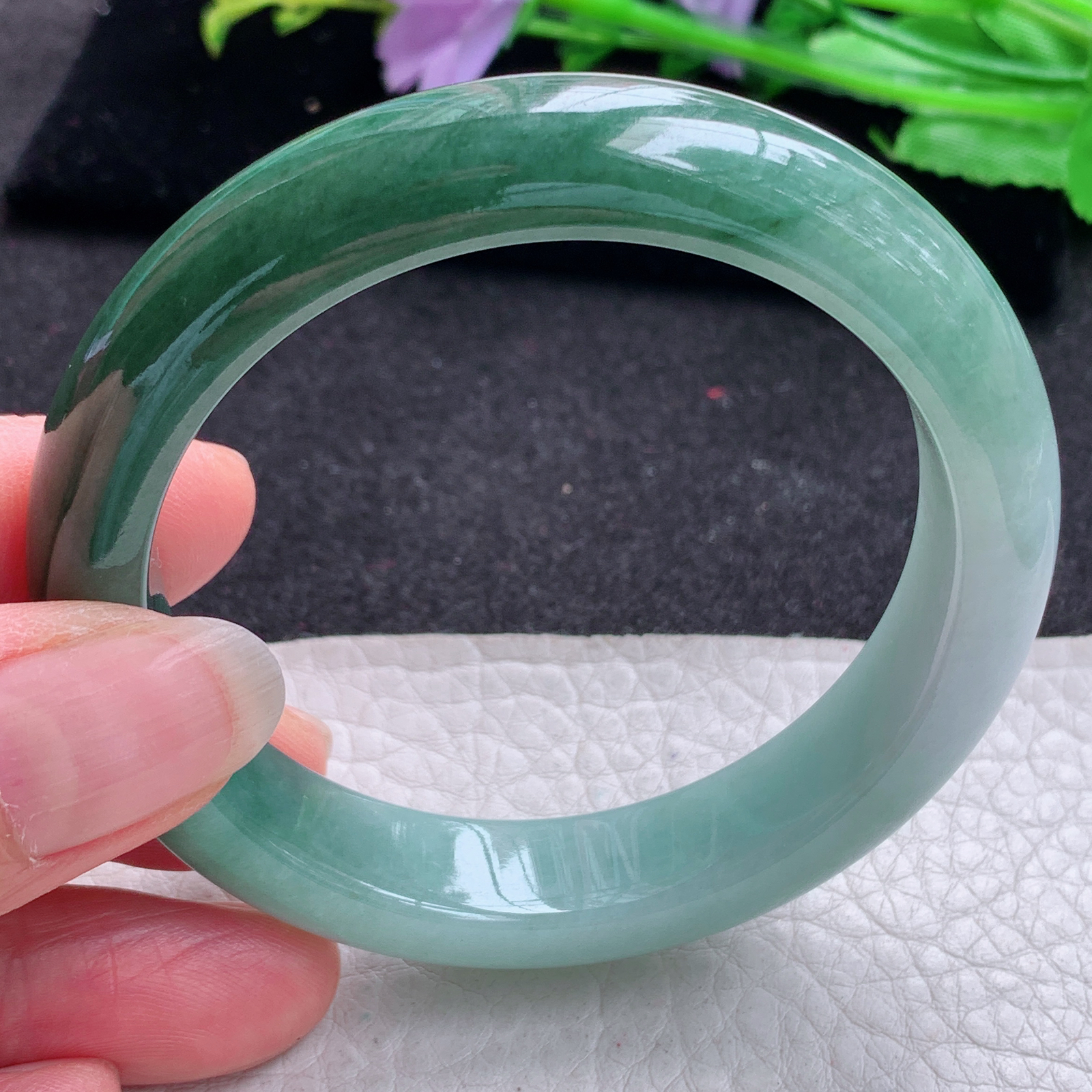 js实拍54*12*8.3招财镯 天然缅甸翡翠A货玉手镯胶感半山半水宽边玉手环
