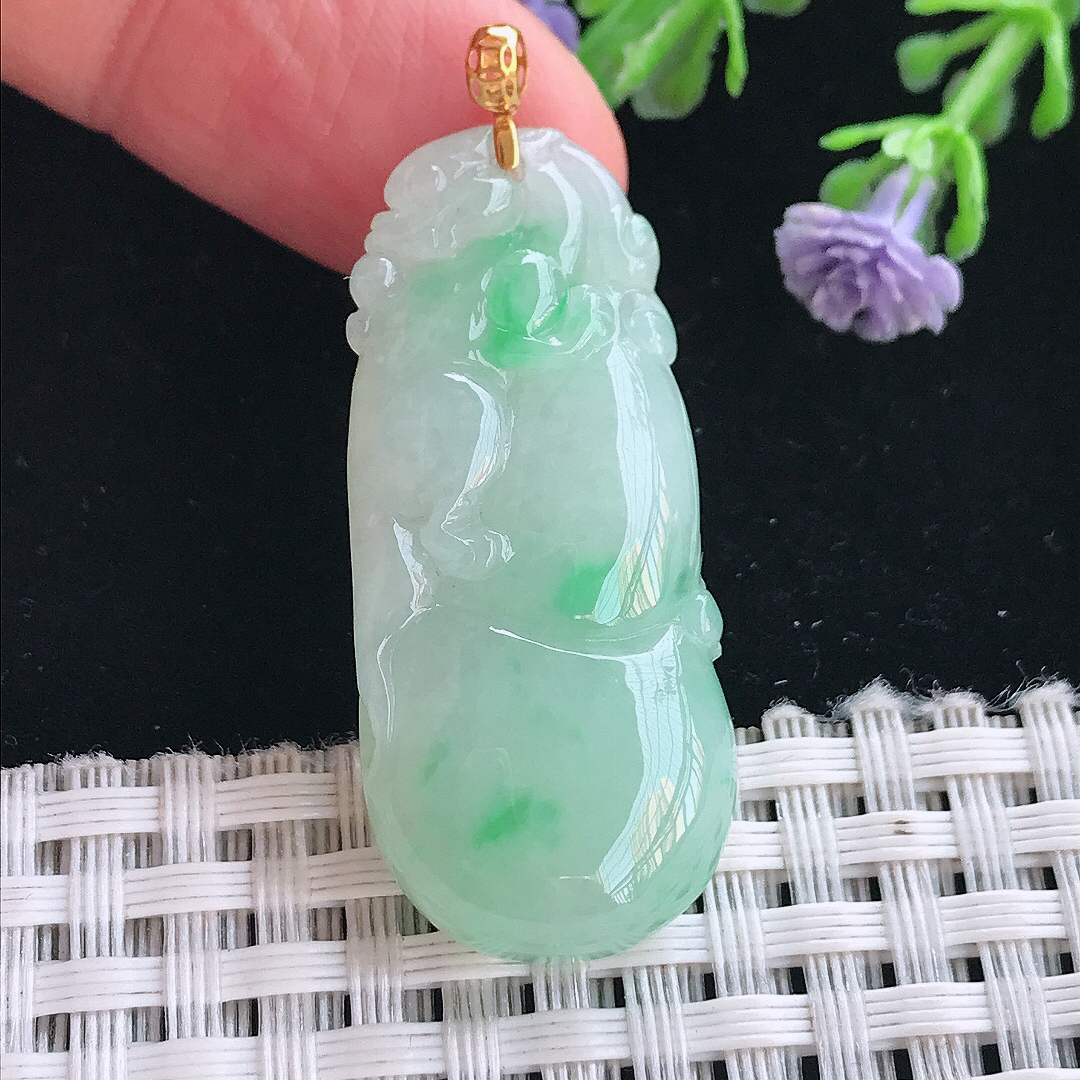 实拍A货翡翠38.5/17.2/5.9老坑18k金镶嵌冰润飘阳绿葫芦吊坠翡翠挂件
