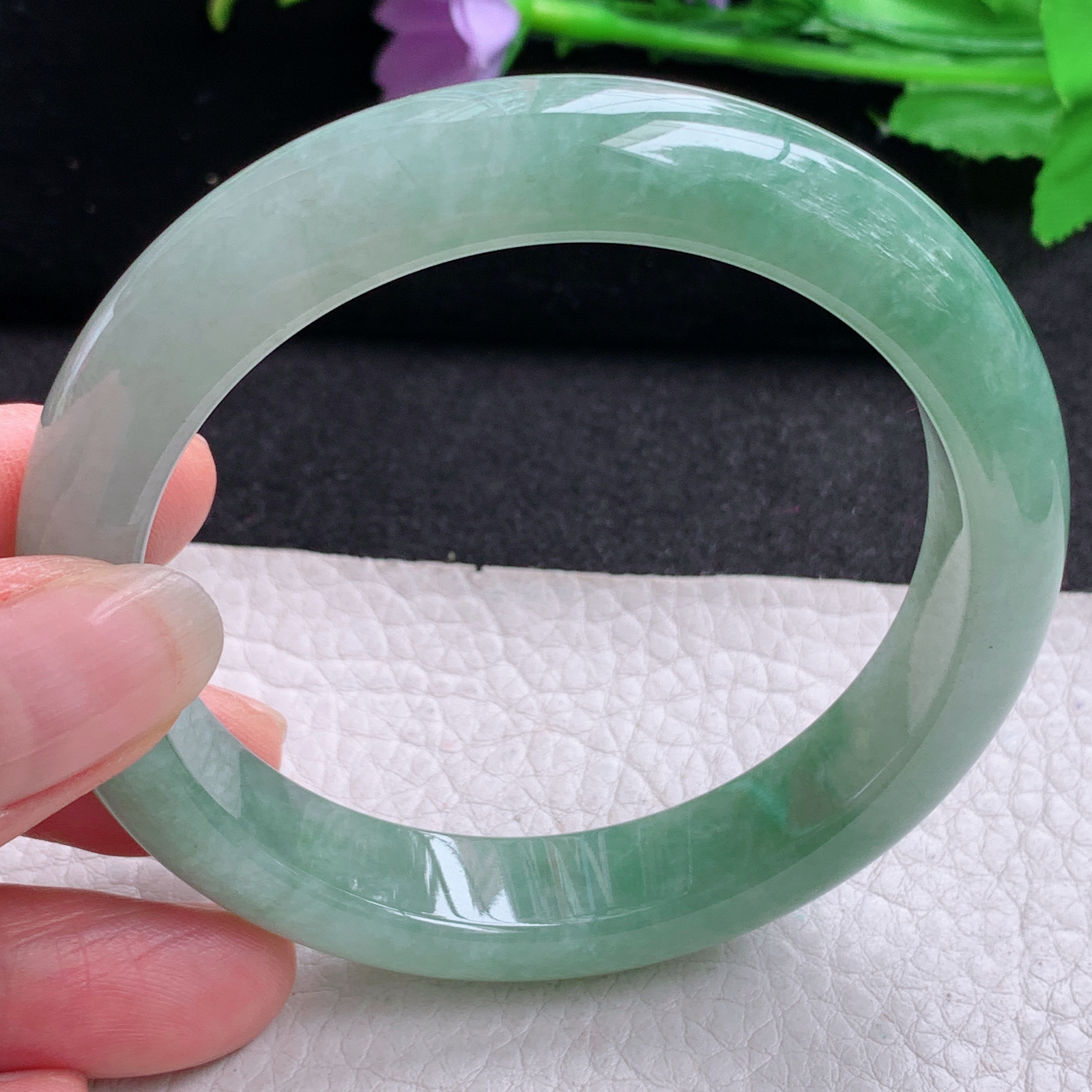 hh实拍58*12*8.7平安镯 天然缅甸翡翠A货玉手镯胶感清新宽边玉手环