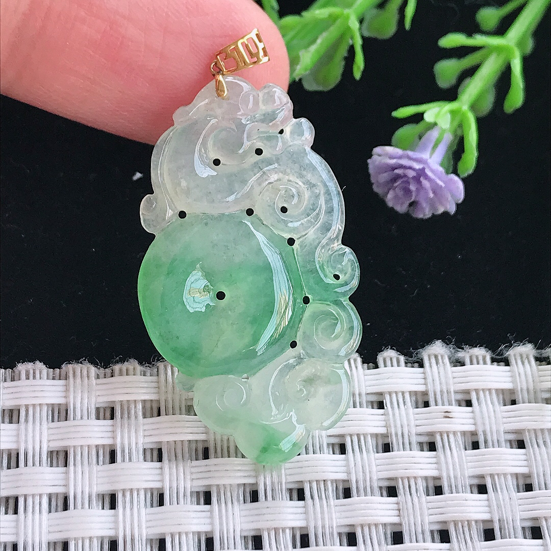 实拍A货翡翠34.5/19.7/3.3老坑18k金镶嵌冰阳绿平安扣吊坠翡翠挂件