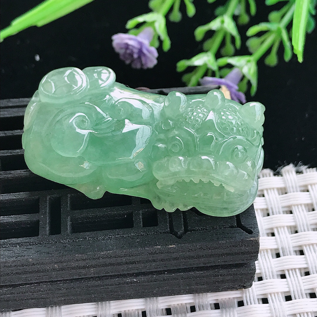 实拍A货翡翠39.8/21.8/12老坑冰胶冰晴绿满绿霸王貔貅吊坠翡翠挂件