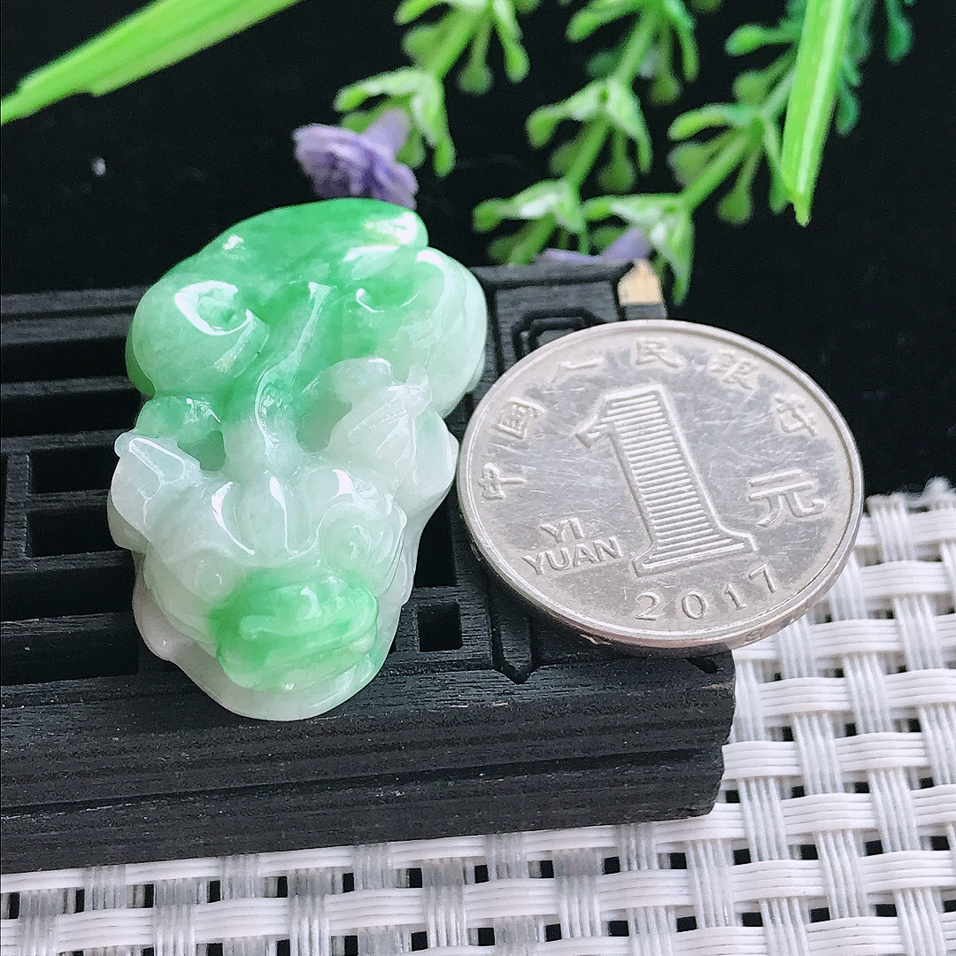 实拍A货翡翠37.2/21.7/12.5老坑温润飘绿貔貅吊坠翡翠挂件