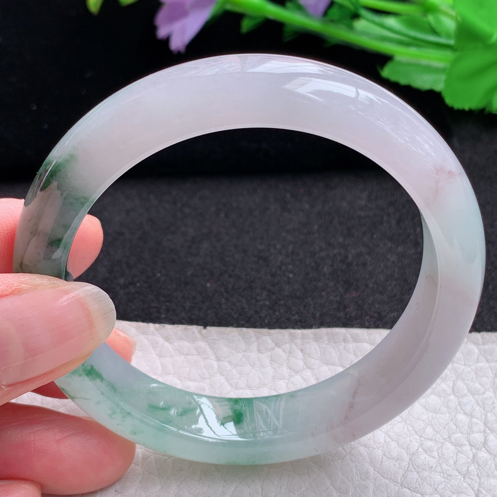 xo实拍56*12.5*8.3平安镯 天然缅甸翡翠A货玉手镯冰飘花宽边玉手环