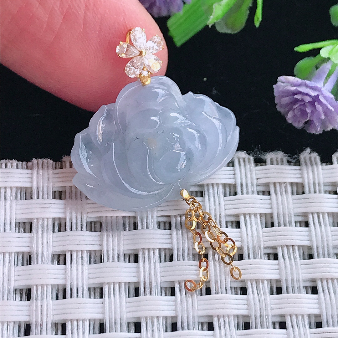 实拍A货翡翠21.7/15/8老坑18k金镶嵌冰润紫罗兰莲花吊坠翡翠挂件