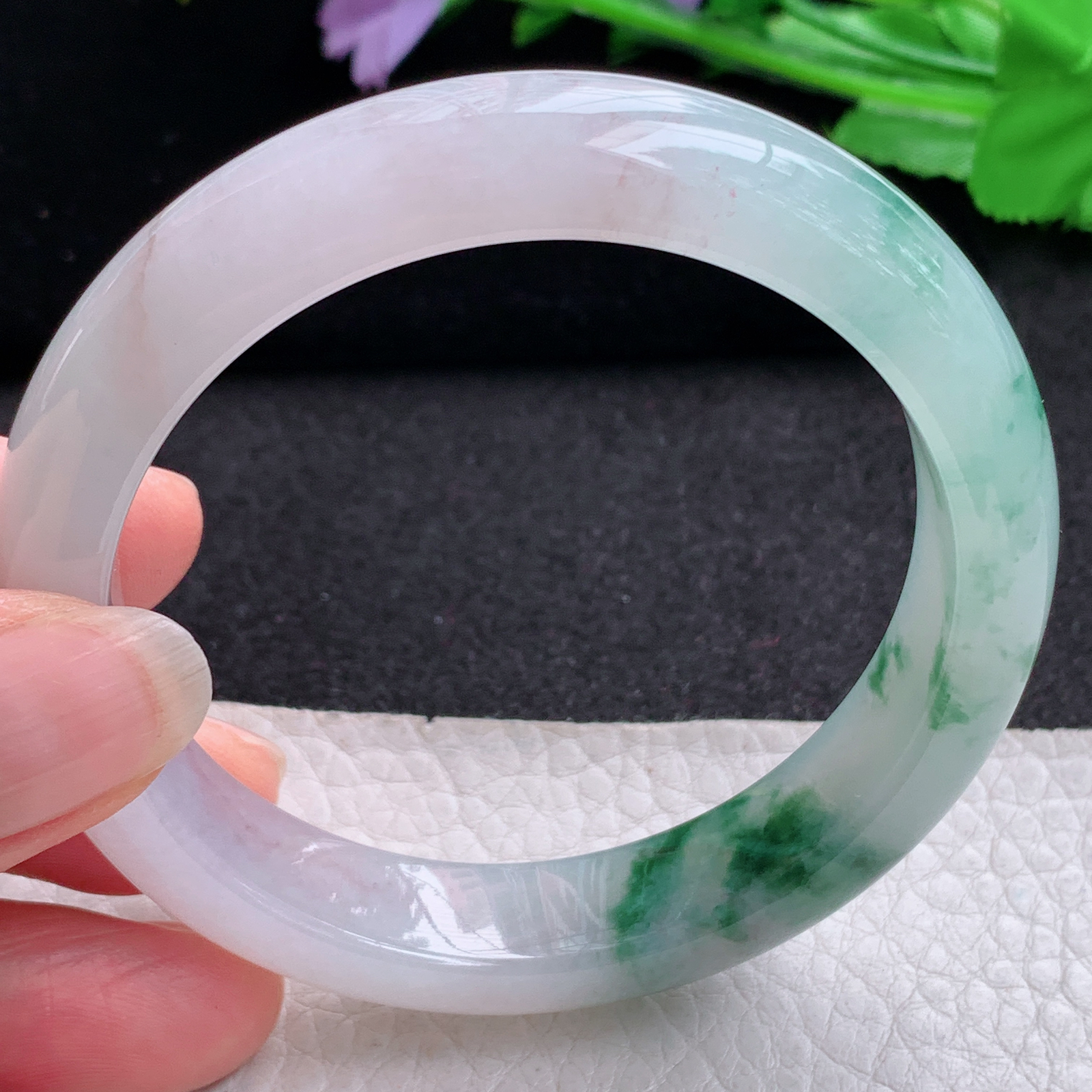 xo实拍56*12.5*8.3平安镯 天然缅甸翡翠A货玉手镯冰飘花宽边玉手环